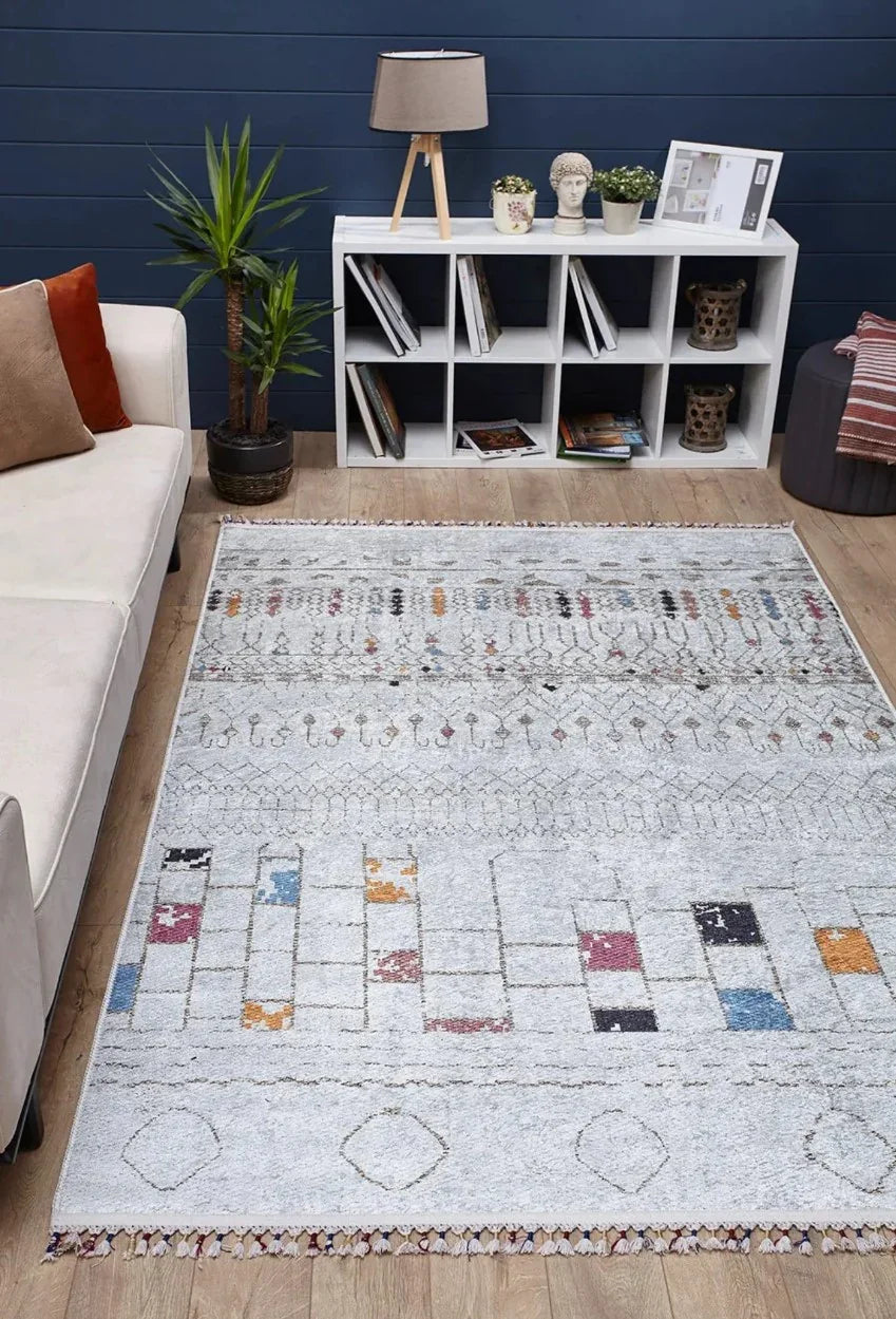 Krem Renkli Etnik Desenli Modern Kilim Halı