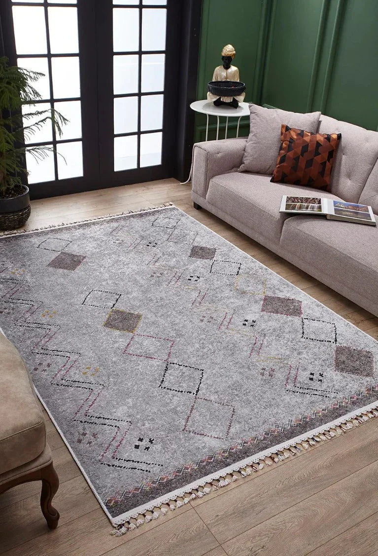 Krem Renkli Geometrik Desenli Modern Saçaklı Kaymaz Kilim Halı