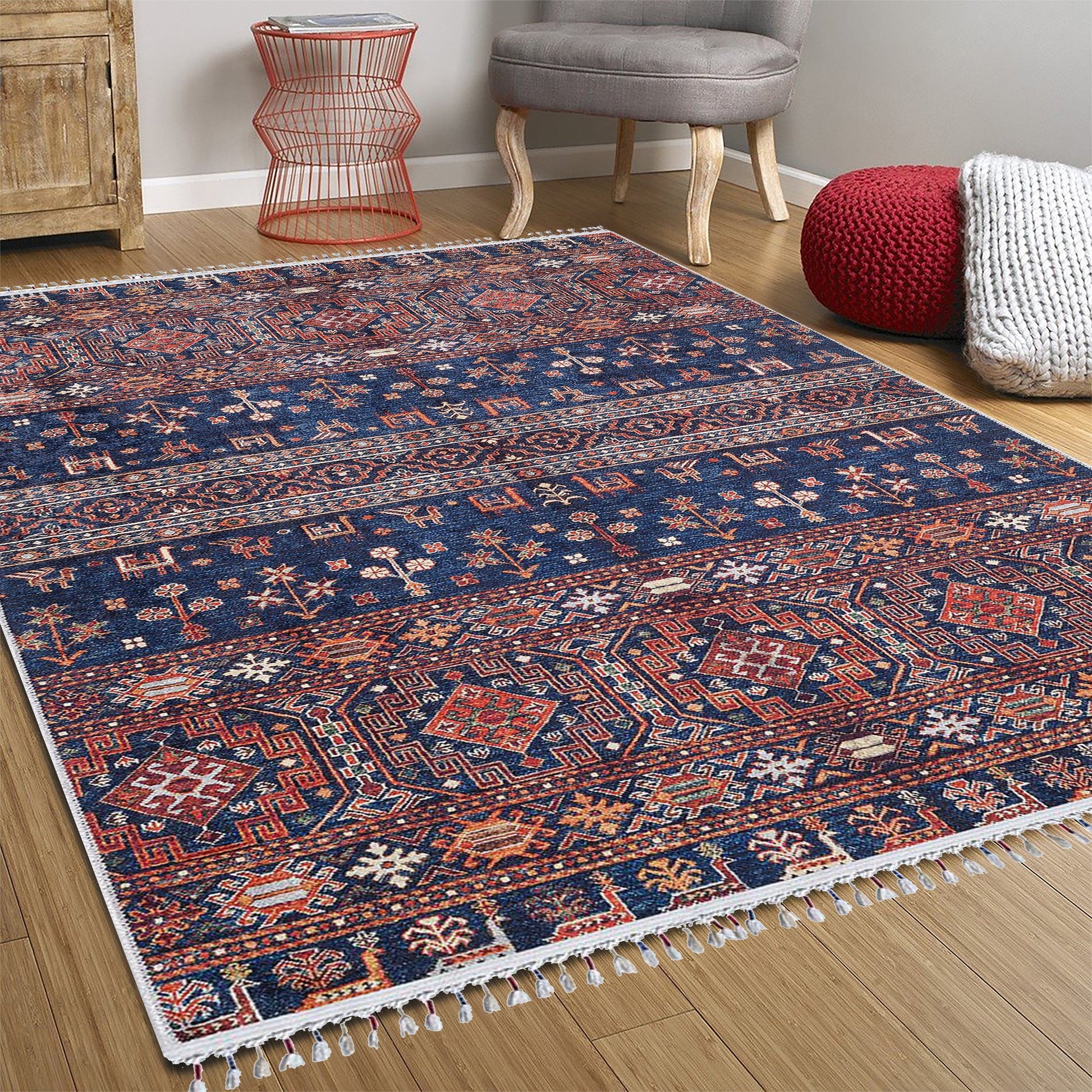 Etnik Lacivert Kırmızı Kilim Halı - Pera Halı