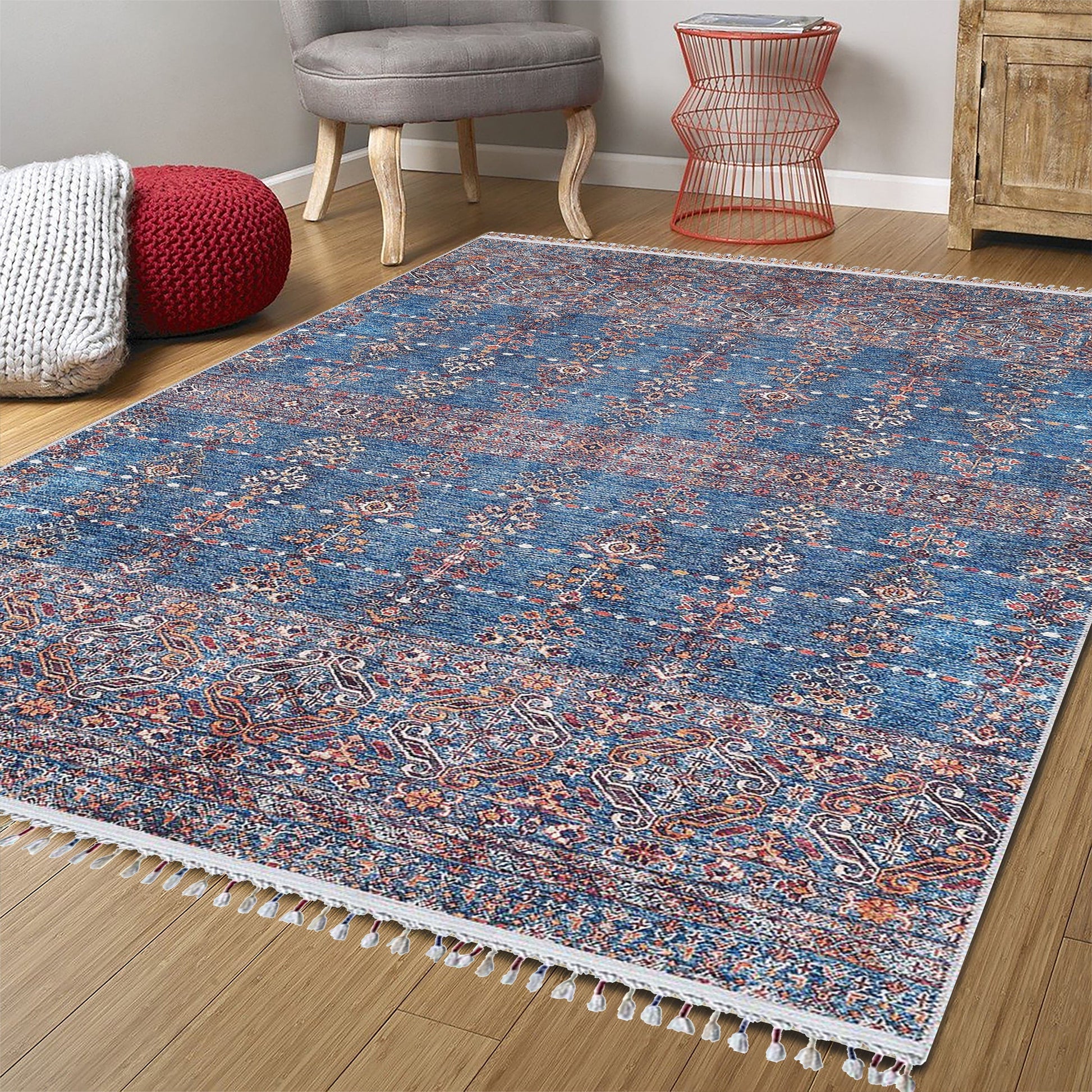 Eşsiz Antik Desenli Kırmızı Mavi Kilim Halı - Pera Halı
