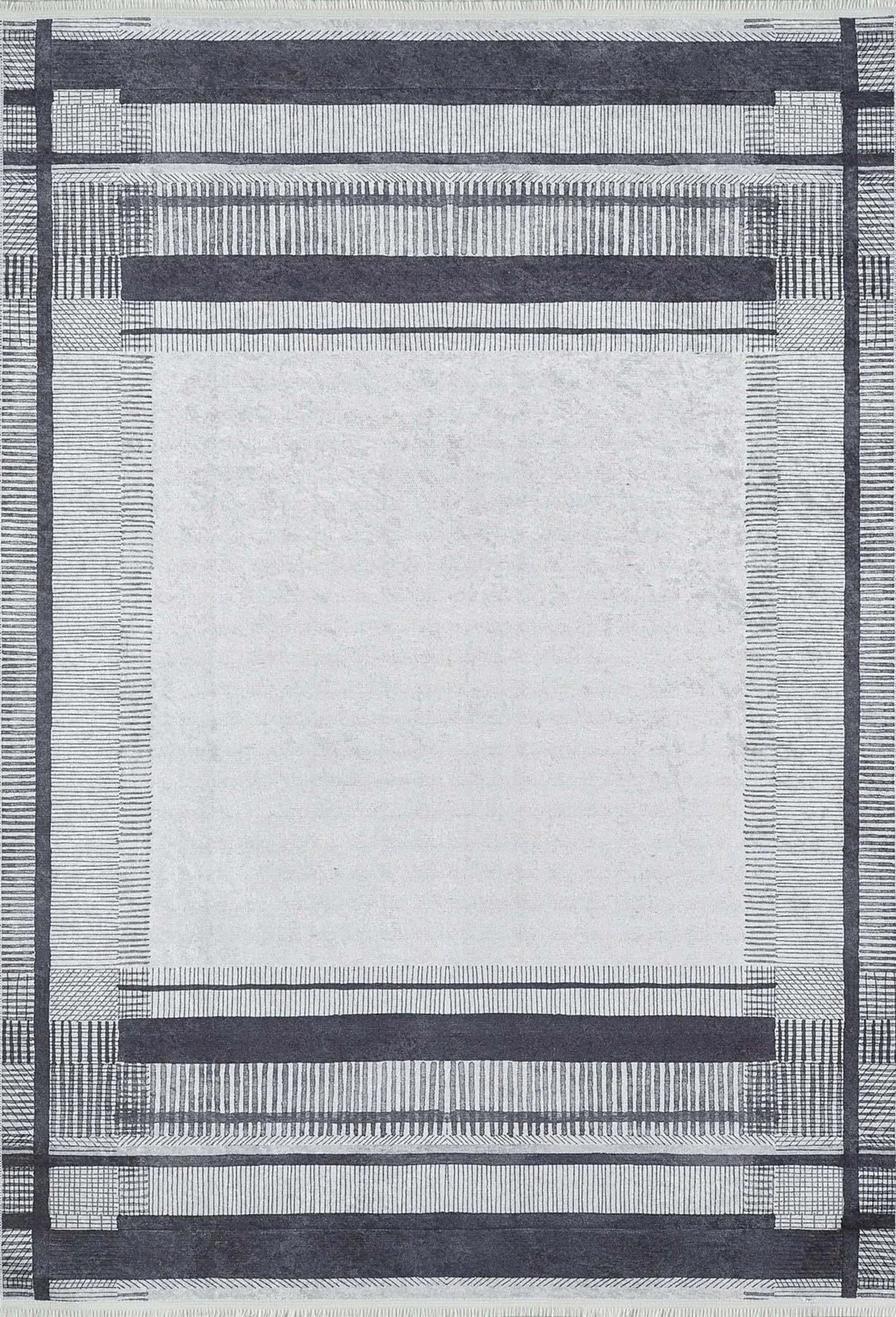 Bej Gri Çizgili Bordürlü Halı