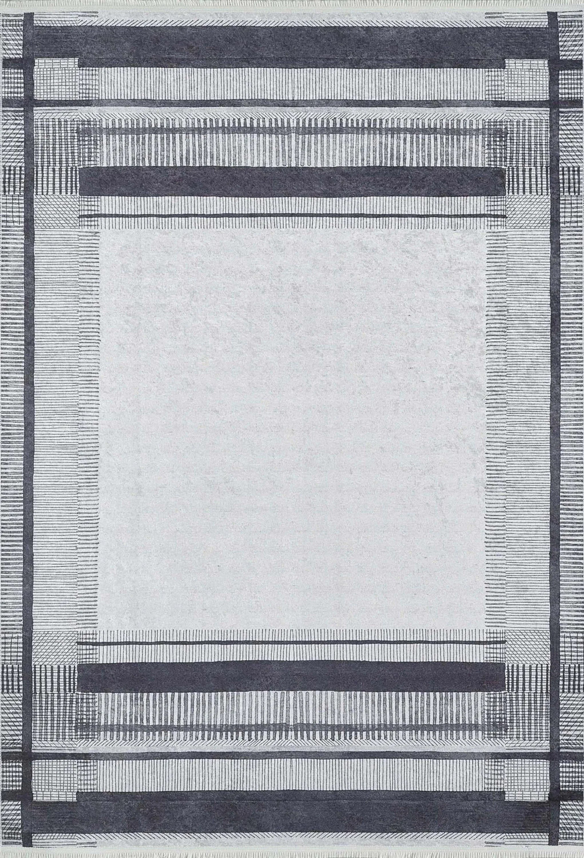 Bej Gri Çizgili Bordürlü Halı