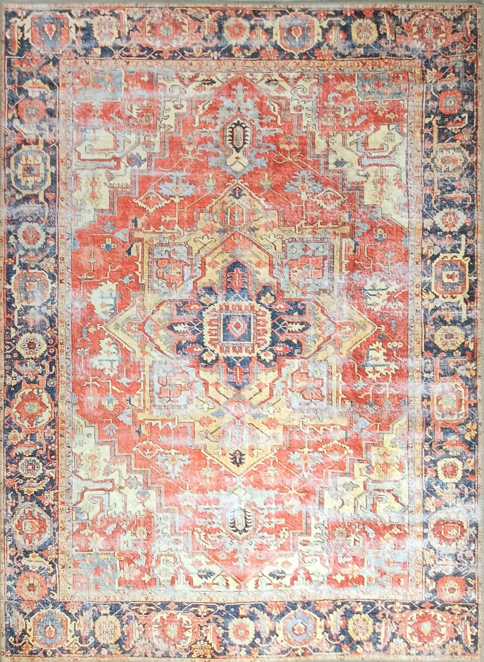 Kırmızı ve Mavi Madalyon Desenli Vintage Halı - Pera Halı