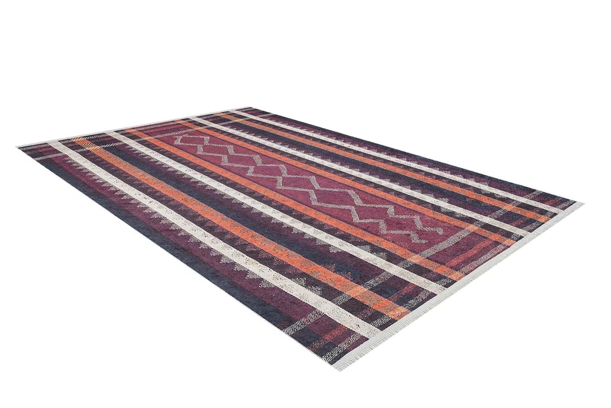 Turuncu Siyah Bej Geometrik Desenli Kilim Halı