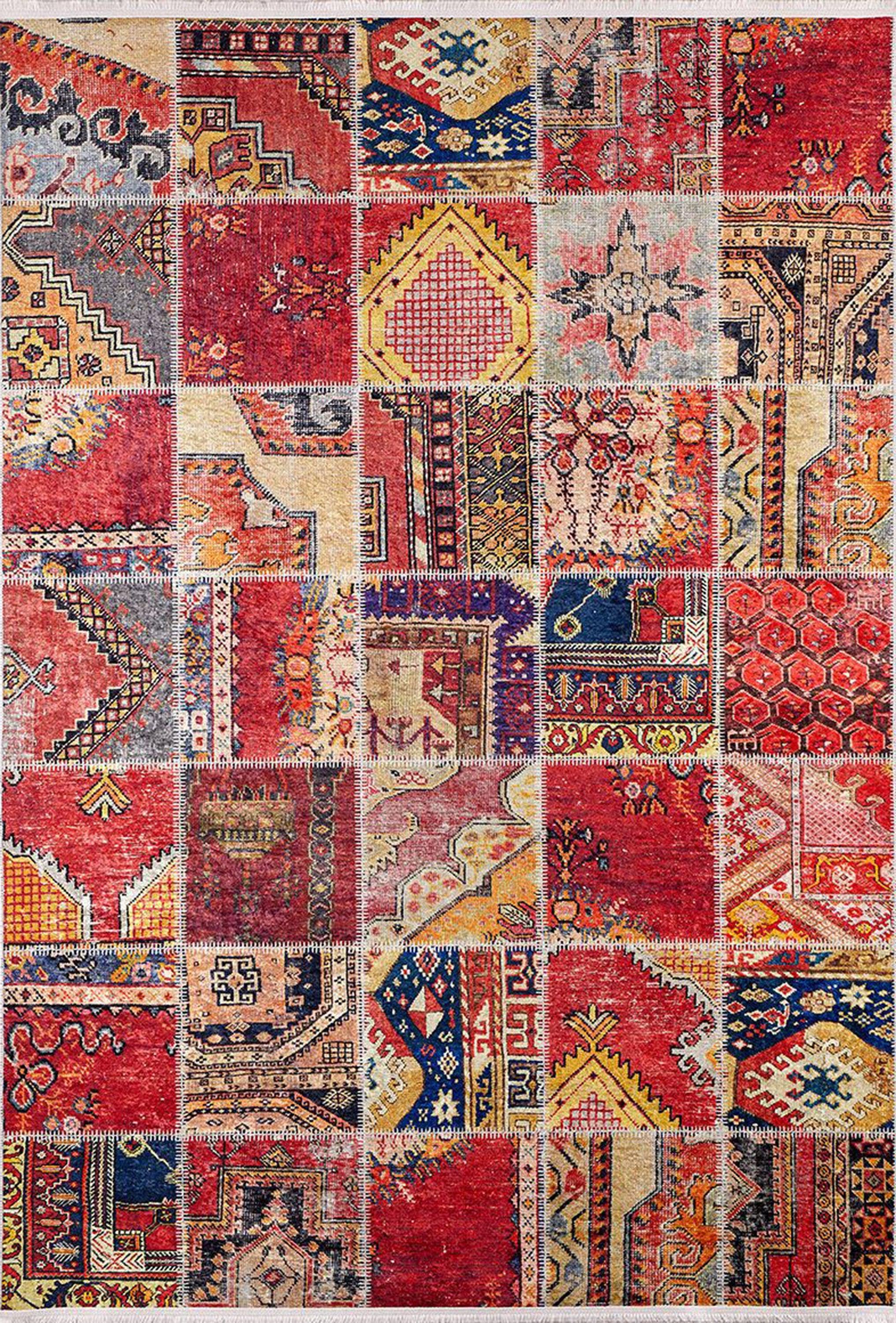 Kırmızı Patchwork Desenli Halı - Pera Halı
