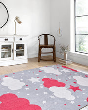 Bulut Yıldız Gri Kırmızı Çocuk Halısı