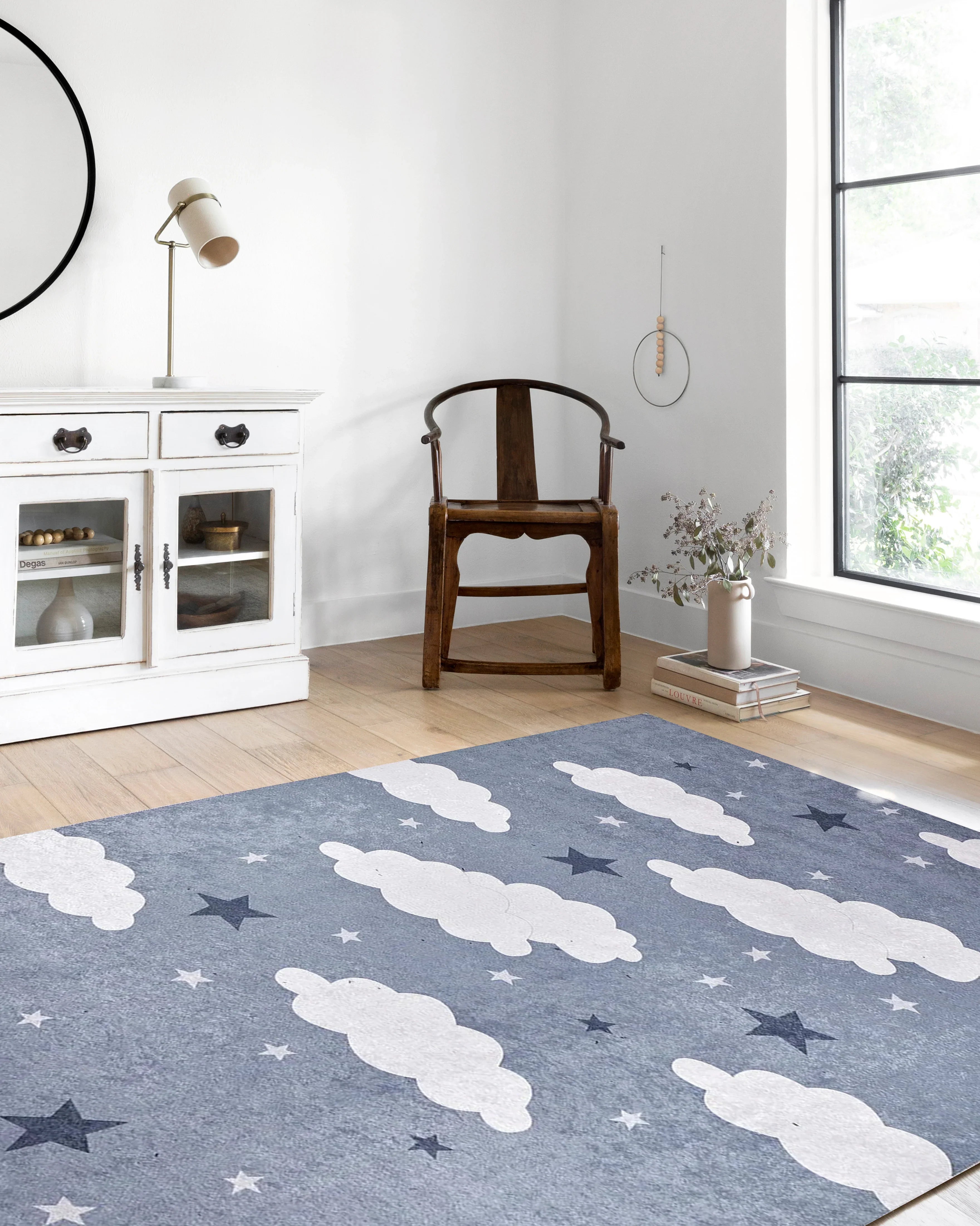 Bulut ve Yıldız Desenli Gri Çocuk Halısı