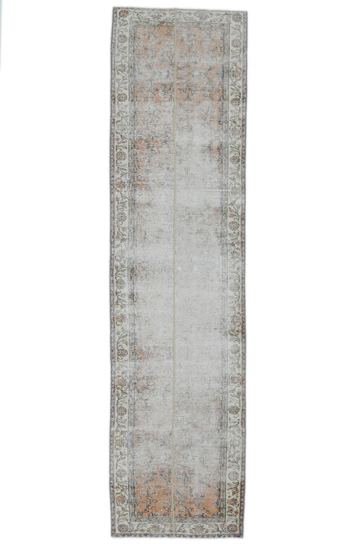 75x293 cm gri ve bej tribal desenli el dokuma vintage yolluk – üstten tam görünüm