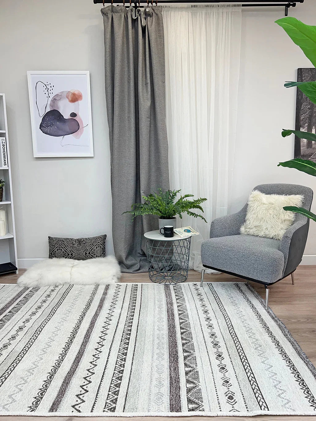 Gri Siyah Pamuk Polyester Modern İskandinav Yıkanabilir Halı