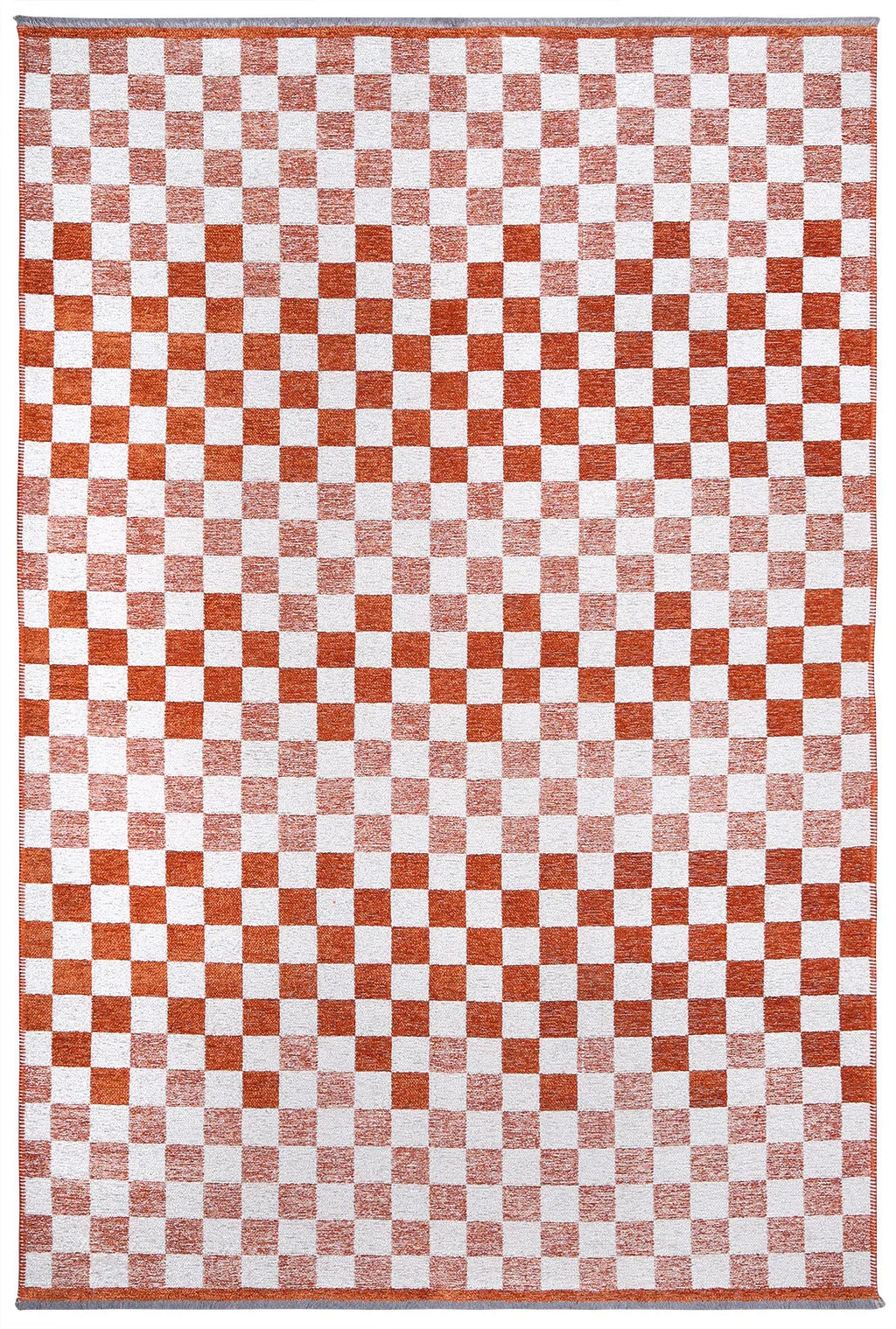 Turuncu Beyaz Modern Geometrik Dama Desenli Yıkanabilir Halı