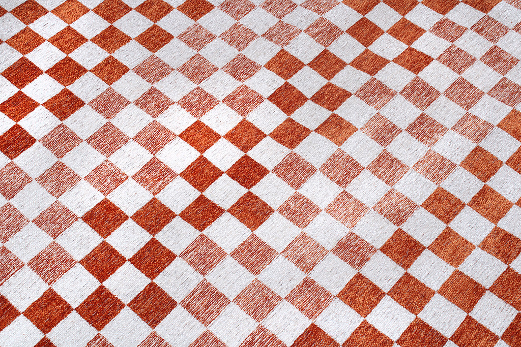 Turuncu Beyaz Modern Geometrik Dama Desenli Yıkanabilir Halı