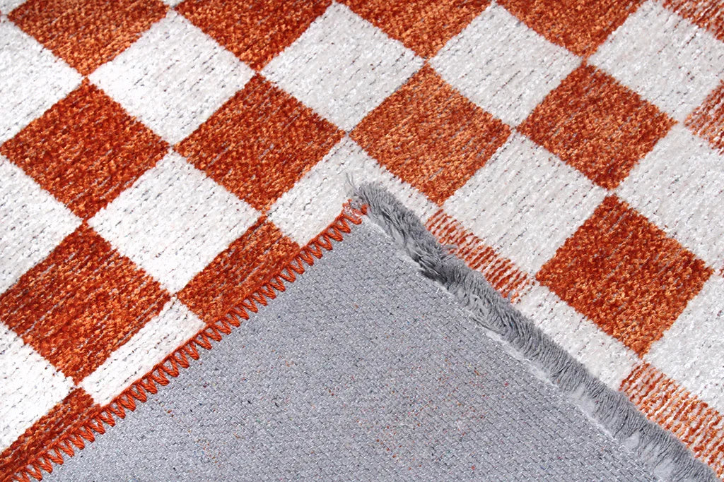 Turuncu Beyaz Modern Geometrik Dama Desenli Yıkanabilir Halı