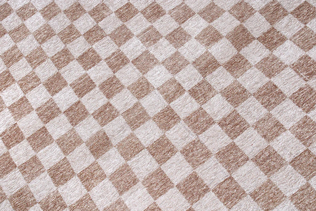 Bej Beyaz Modern Geometrik Dama Desenli Yıkanabilir Halı