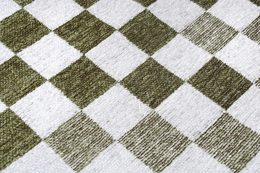 Yeşil Beyaz Modern Geometrik Dama Desenli Yıkanabilir Halı