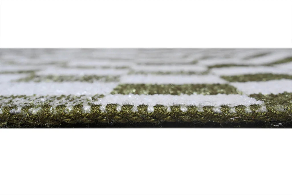 Yeşil Beyaz Modern Geometrik Dama Desenli Yıkanabilir Halı