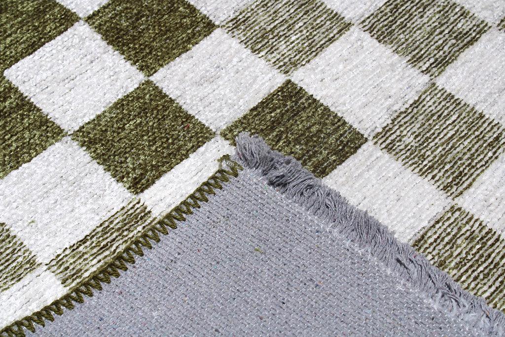 Yeşil Beyaz Modern Geometrik Dama Desenli Yıkanabilir Halı