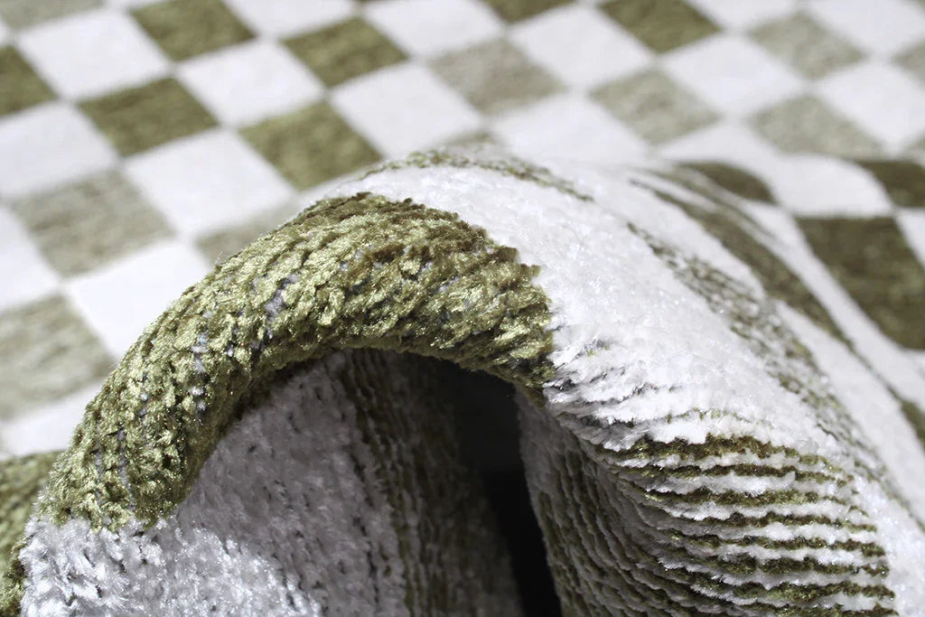 Yeşil Beyaz Modern Geometrik Dama Desenli Yıkanabilir Halı