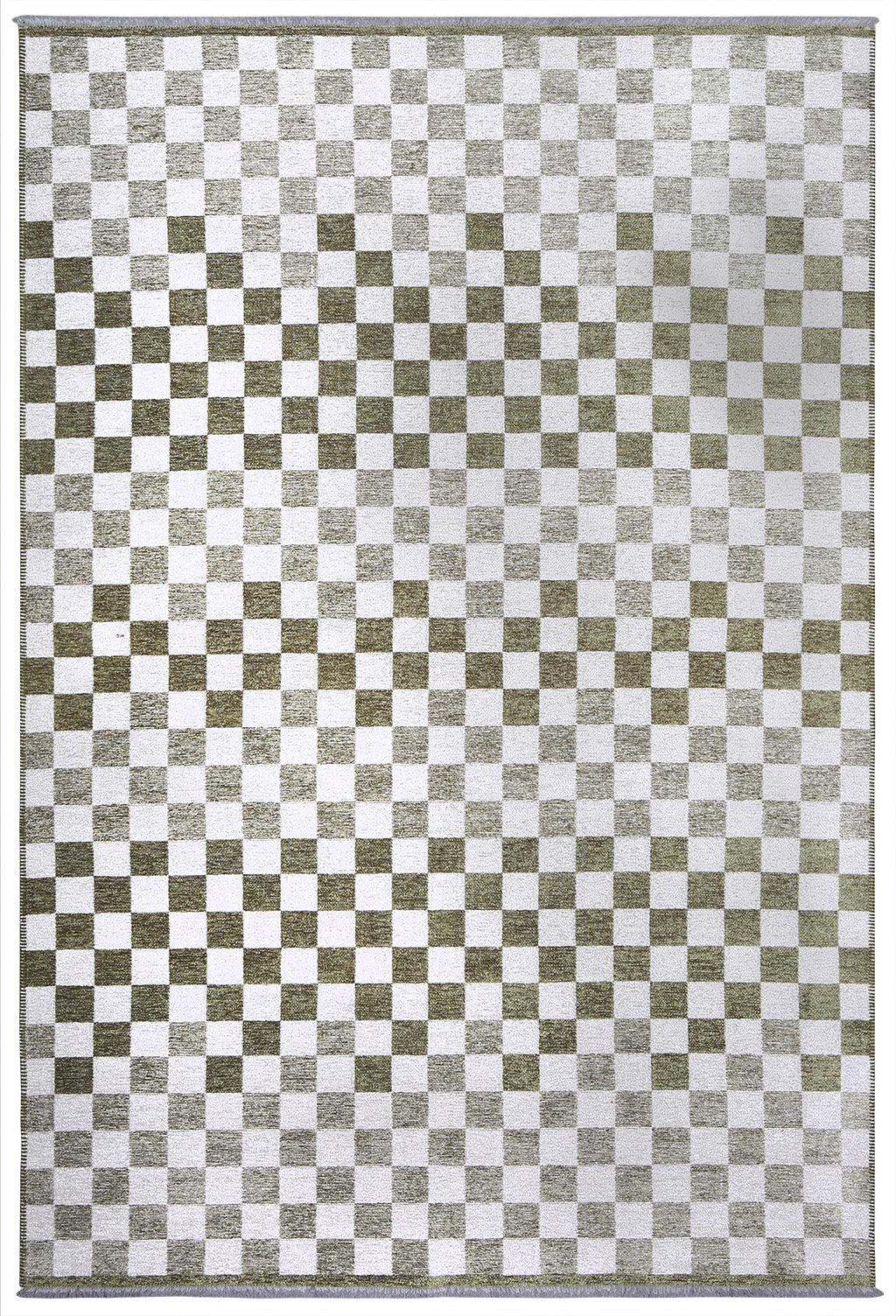 Yeşil Beyaz Modern Geometrik Dama Desenli Yıkanabilir Halı