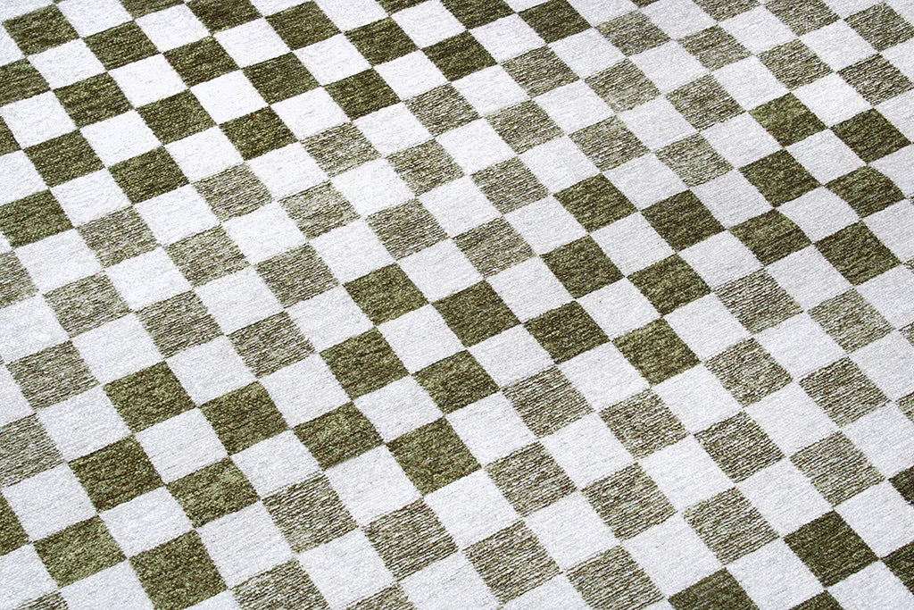 Yeşil Beyaz Modern Geometrik Dama Desenli Yıkanabilir Halı