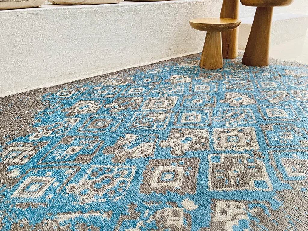 Mavi Gri Çift Taraflı Modern Vintage Yıkanabilir Antibakteriyel Halı