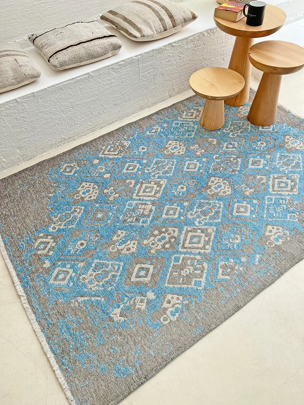 Mavi Gri Çift Taraflı Modern Vintage Yıkanabilir Antibakteriyel Halı
