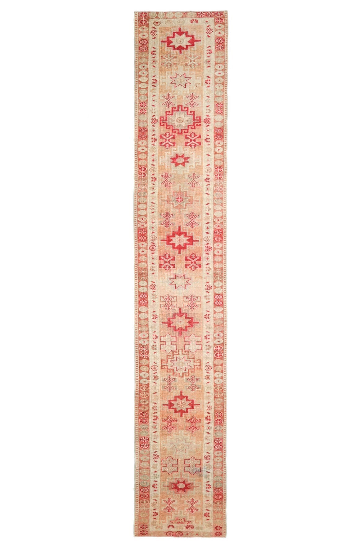 77x457 cm turuncu tribal desenli el dokuma vintage yolluk – üstten tam görünüm