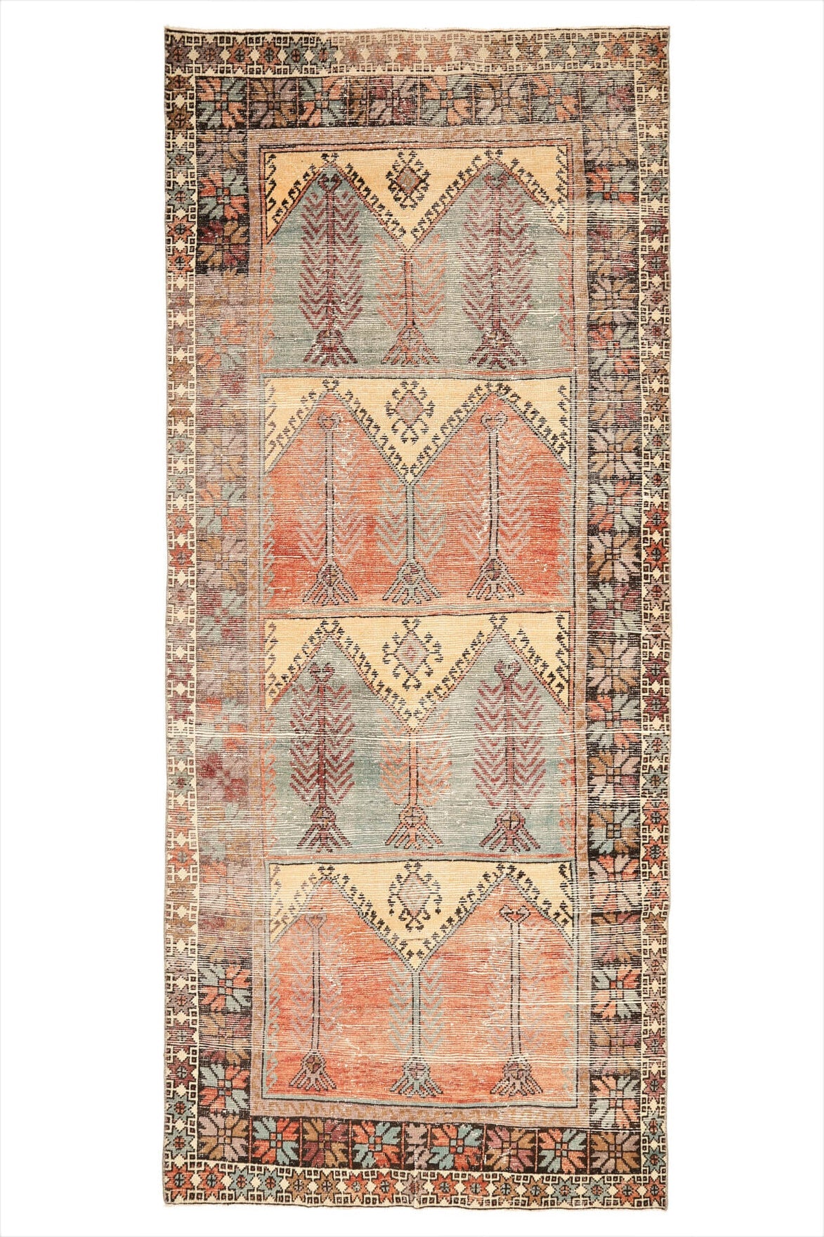 143x339 cm turuncu oryantal desenli el dokuma vintage yolluk – üstten tam görünüm