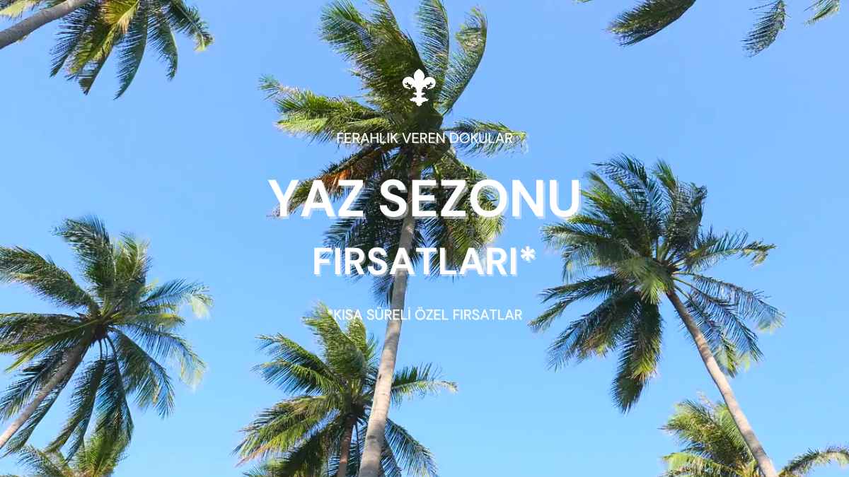 Videoyu yükle: Pera Halı yaz sezonu fırsatları – rüzgarda sallanan palmiye ağaçları ve mavi gökyüzü fonunda ferah doku halı koleksiyonu tanıtım videosu