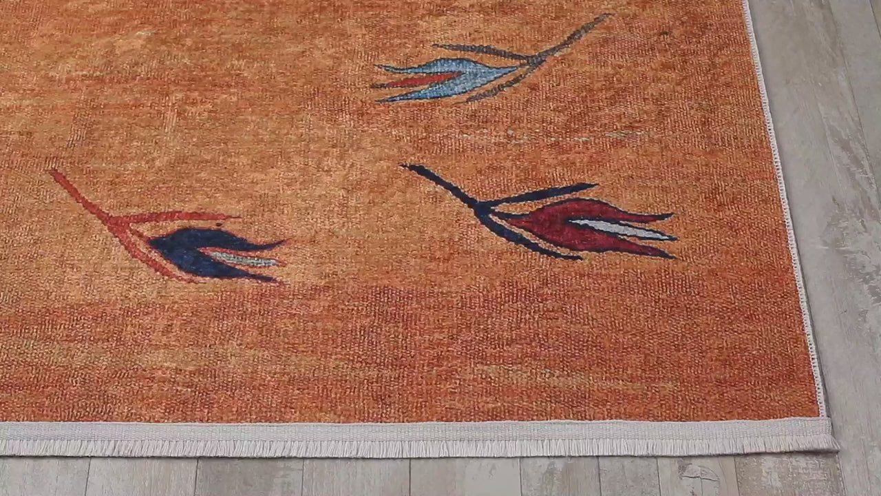 Video laden: Hellblauer und orangefarbener anatolischer Kelim-Teppich mit Blattmuster