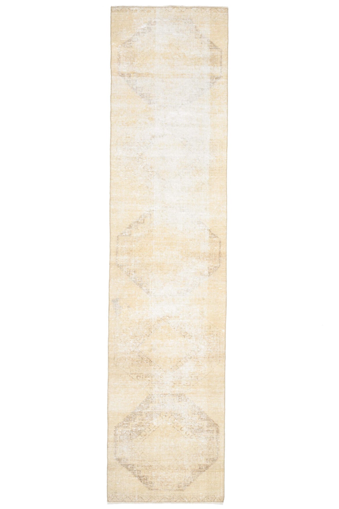 87x382 cm bej ve turuncu oryantal desenli el dokuma vintage yolluk – üstten tam görünüm