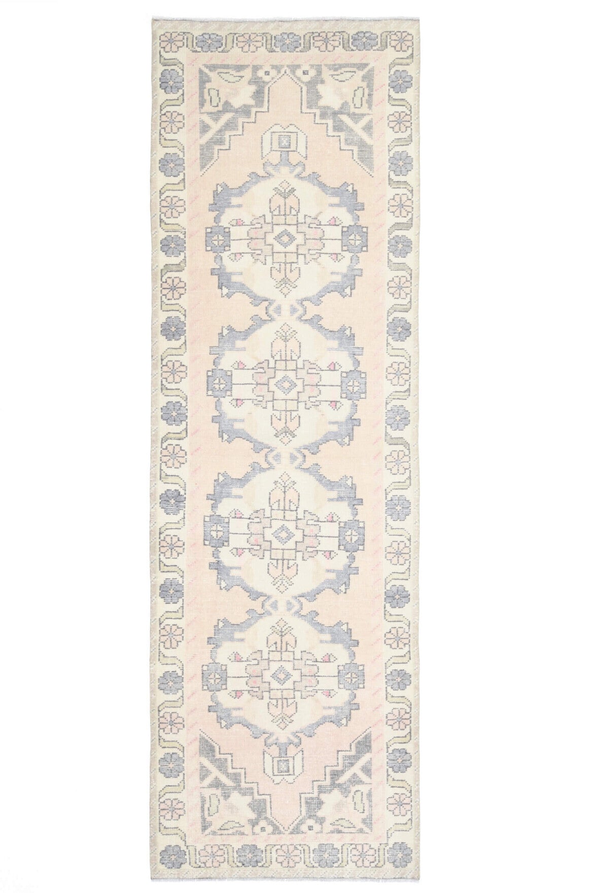 93x301 cm bej, beyaz ve gri oryantal desenli el dokuma vintage yolluk – üstten tam görünüm