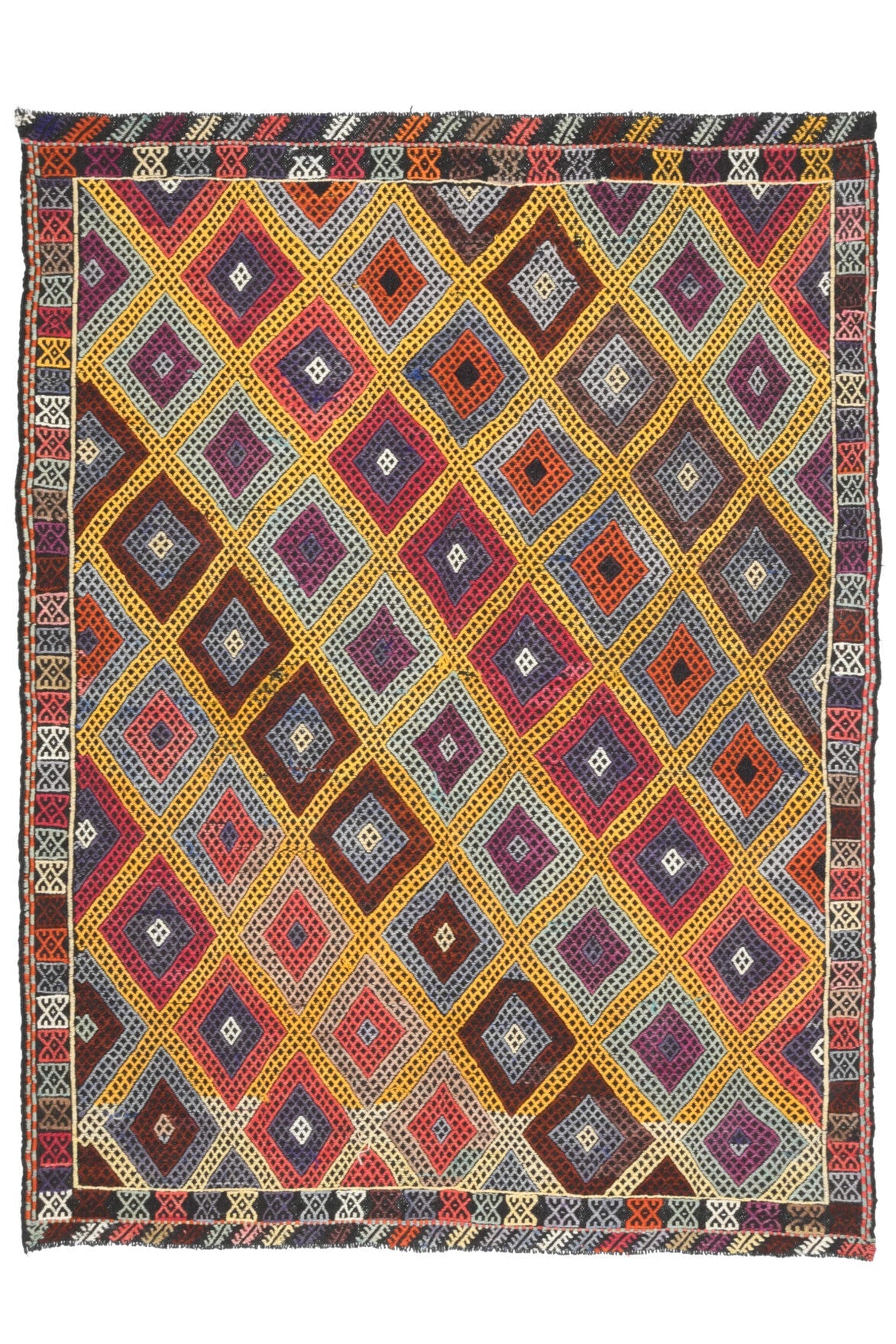 175x234 cm turuncu, kırmızı ve kahverengi ikat desenli el dokuma vintage kilim – üstten tam görünüm