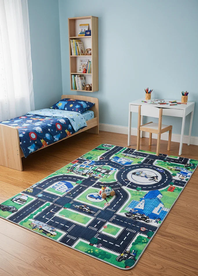 Polis Temalı Yol ve Şehir Desenli Yıkanabilir Çocuk Halısı