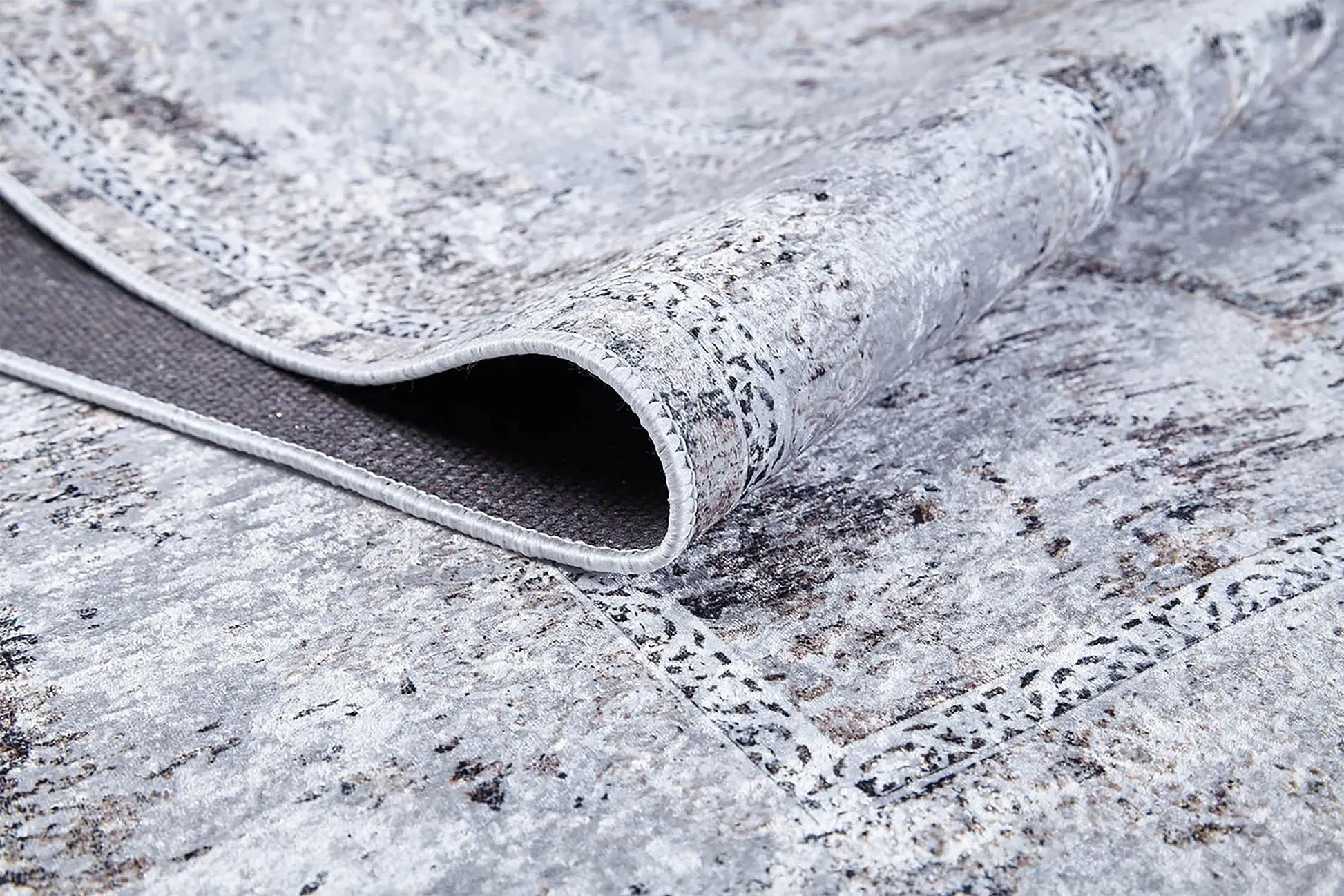 Açık Gri Vintage Desenli Modern Eskitme Efektli Yıkanabilir Halı