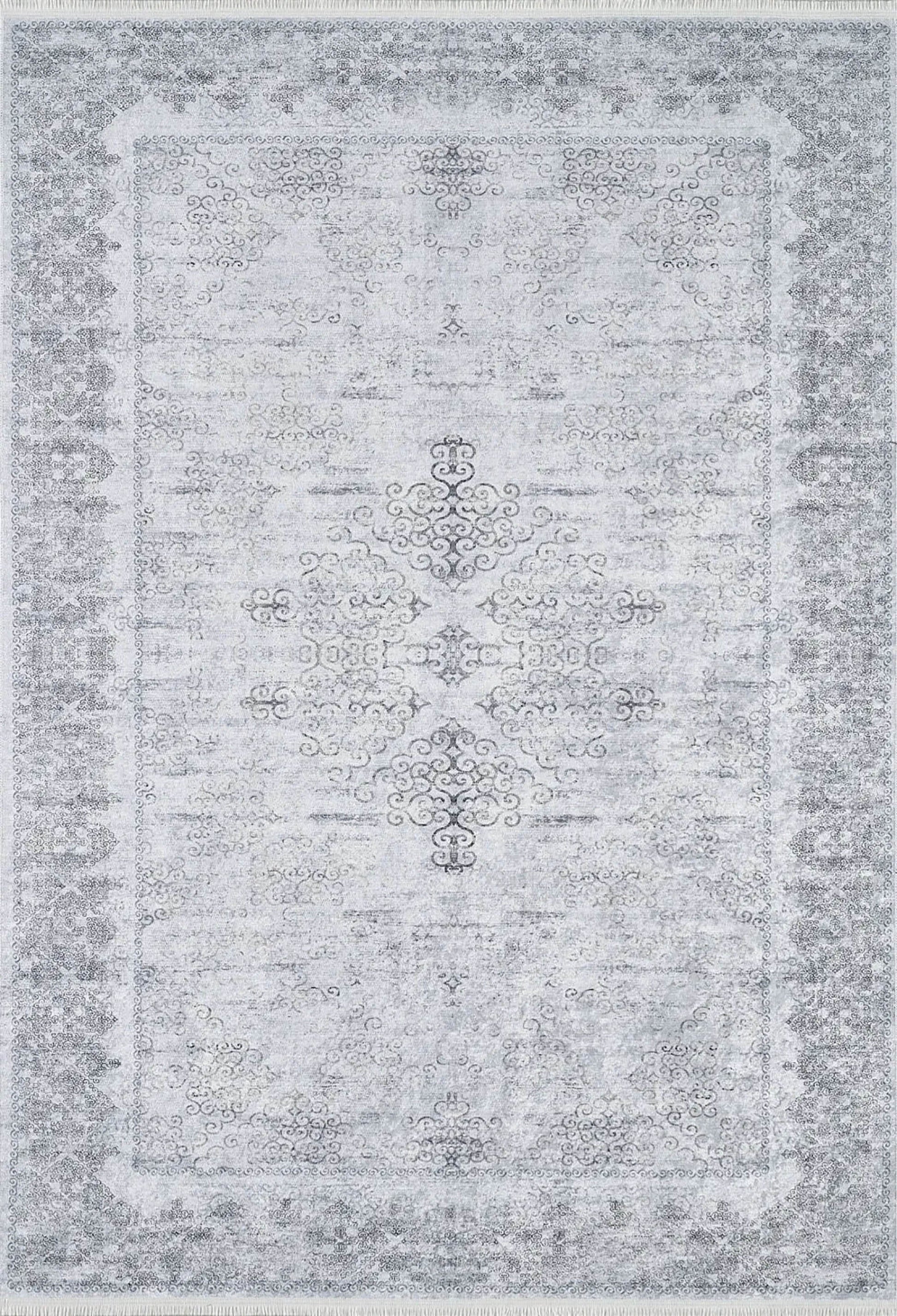 Gri Çiçekli Vintage Madalyonlu Halı - Pera Halı
