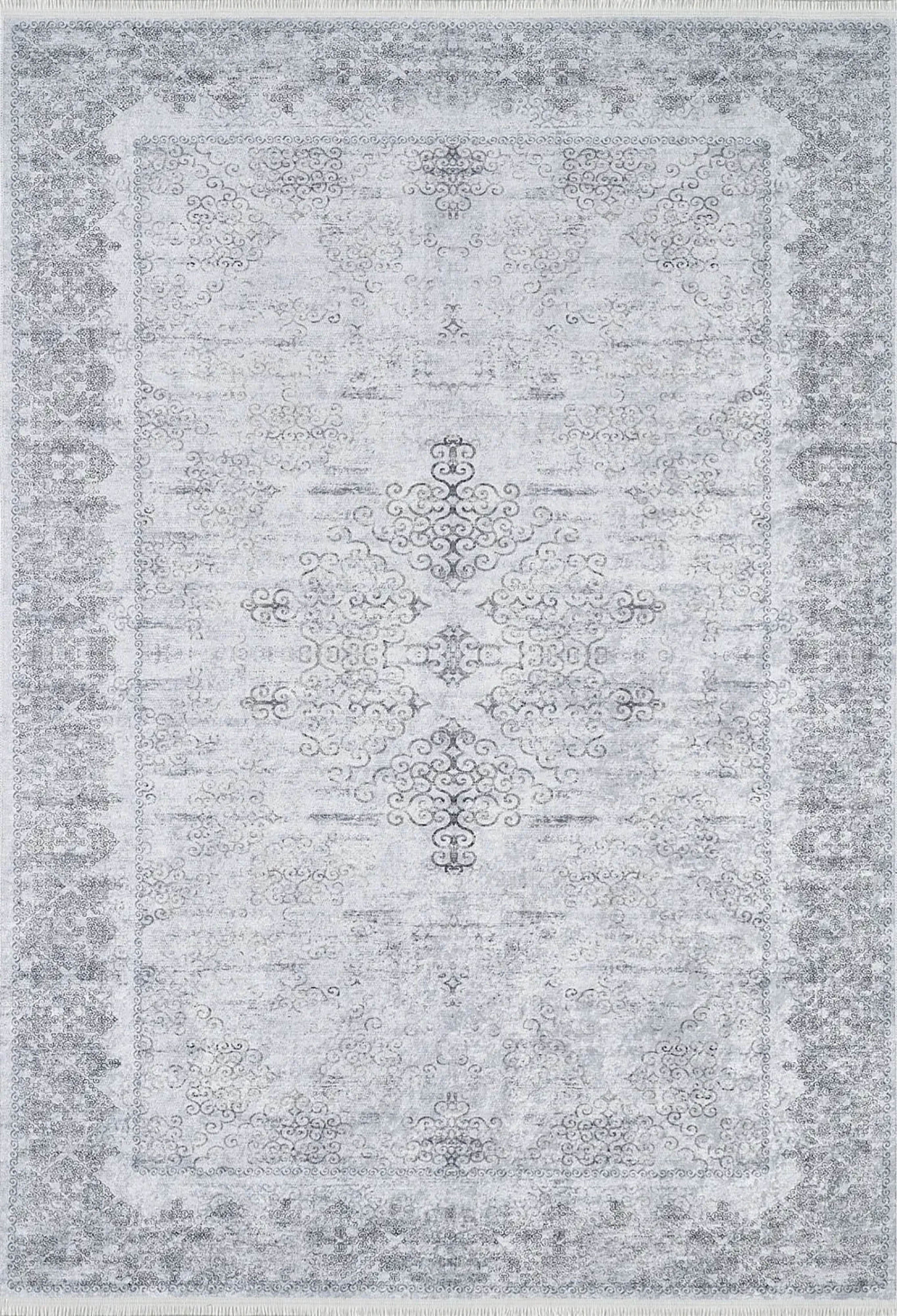 Gri Çiçekli Vintage Madalyonlu Halı - Pera Halı