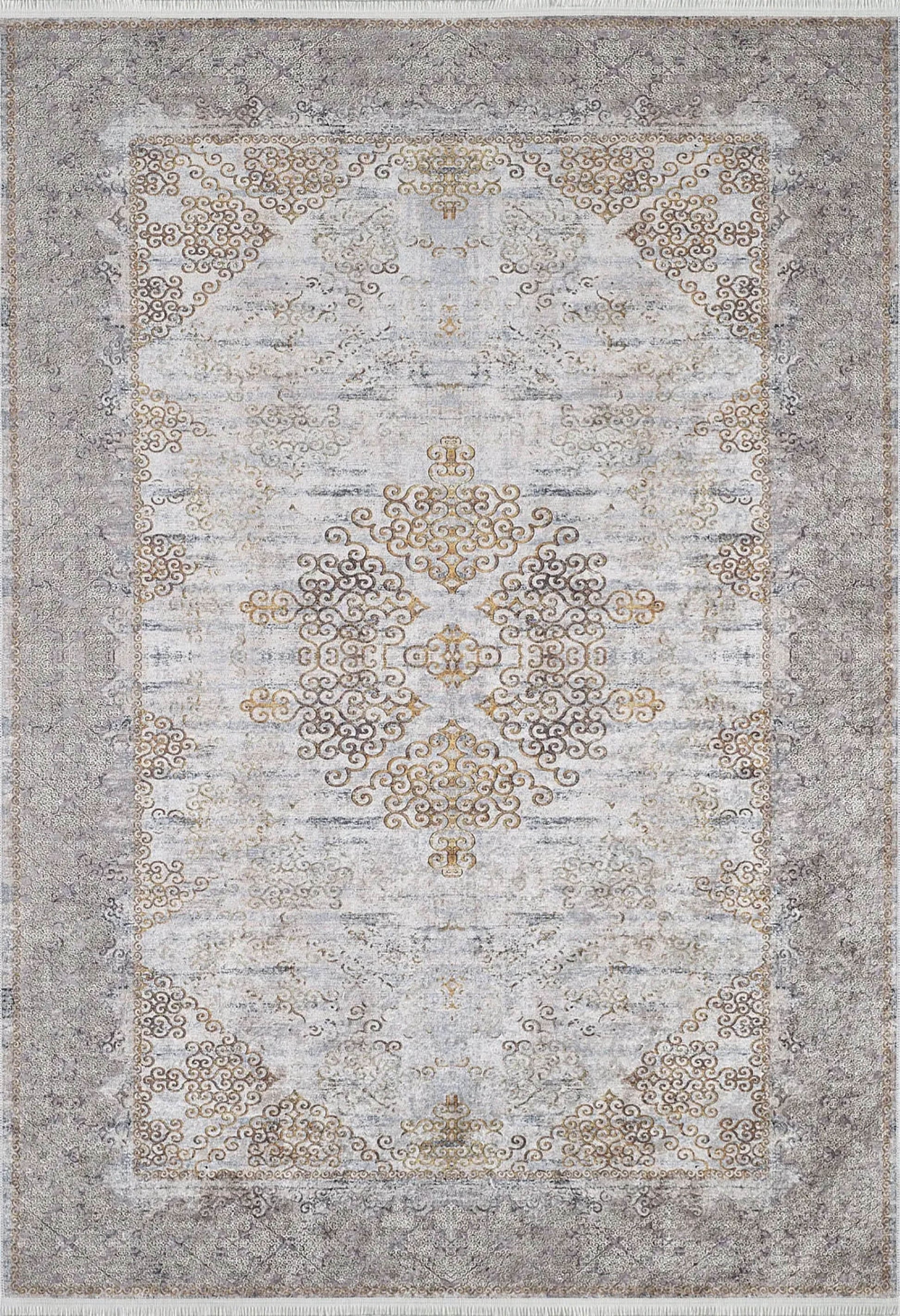 Bej Gri Altın Çiçekli Vintage Madalyonlu Geometrik Halı - Pera Halı