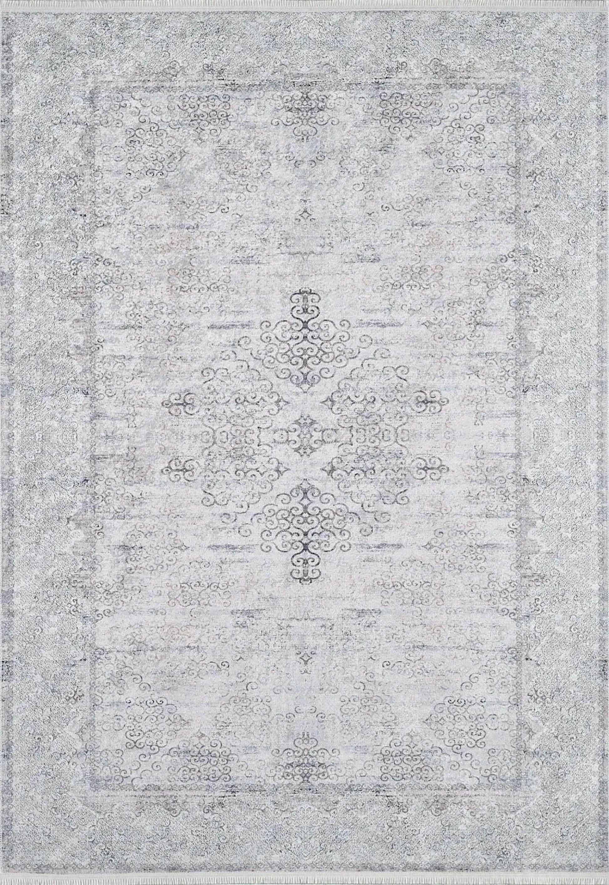 Gri Çiçekli Vintage Geometrik Madalyon Halı