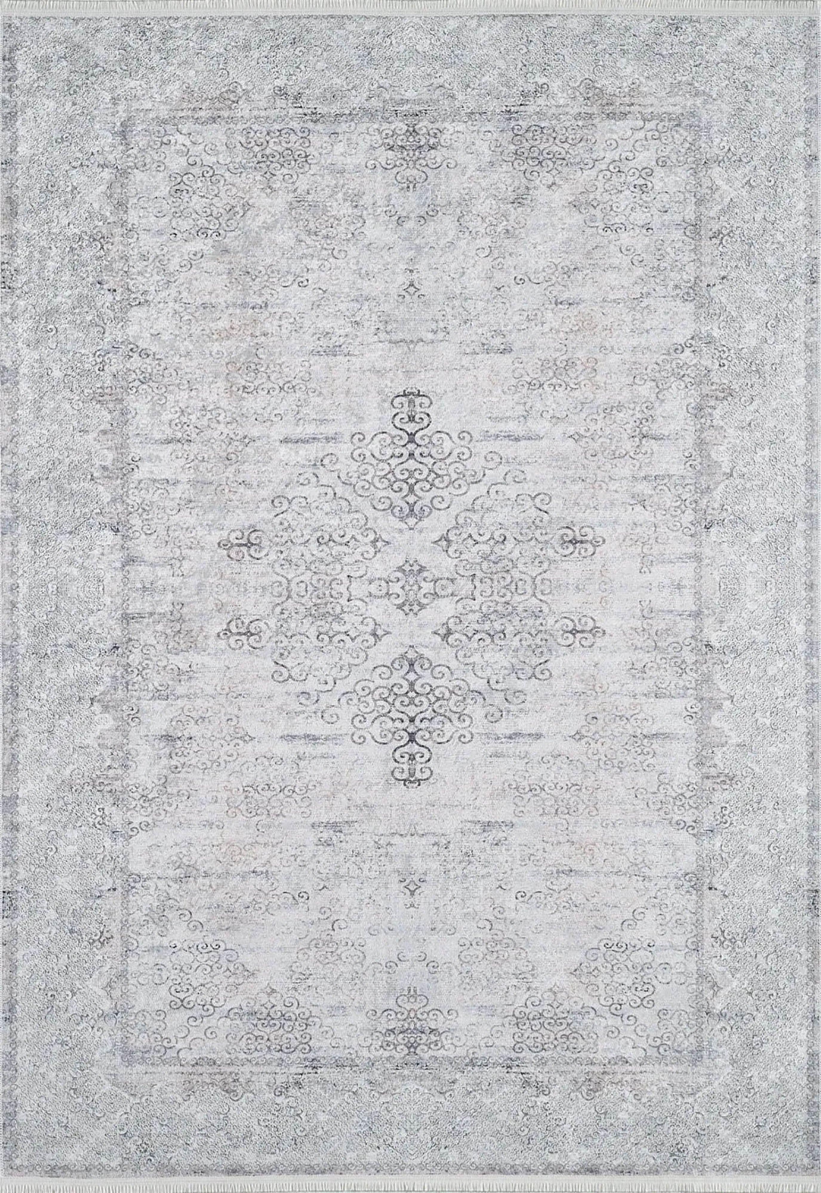 Gri Çiçekli Vintage Geometrik Madalyon Halı