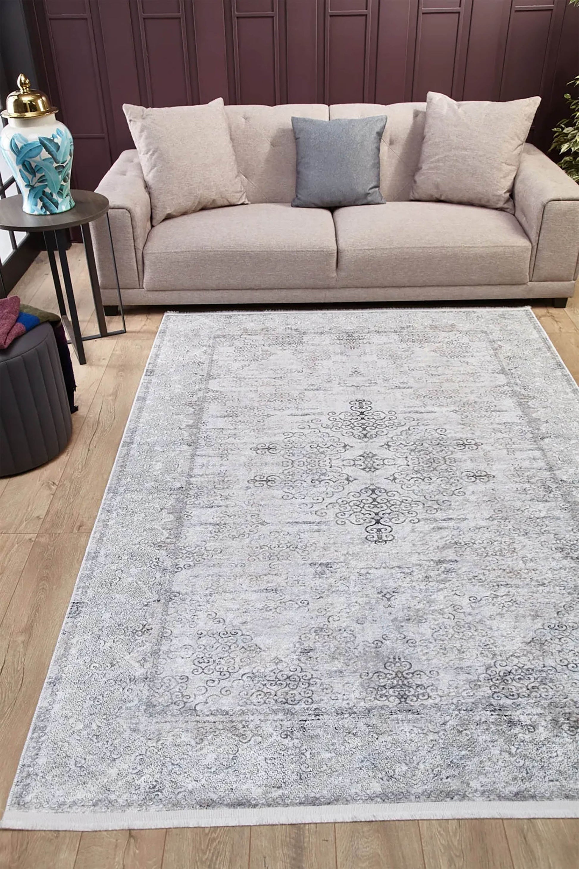 Gri Çiçekli Vintage Geometrik Madalyon Halı - Pera Halı