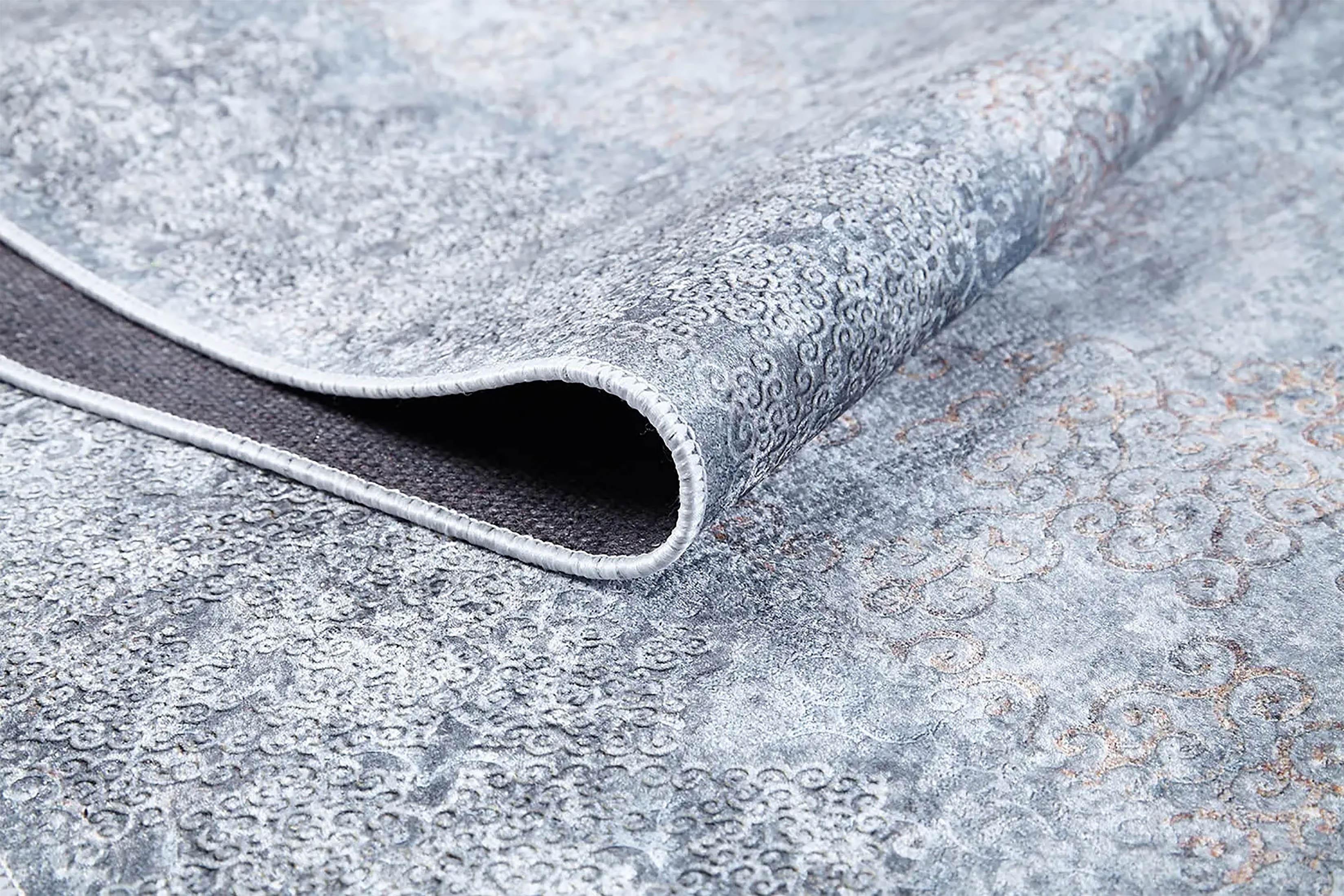 Açık Mavi ve Buz Grisi Gümüş Modern Klasik Eskitme Efektli Yıkanabilir Halı