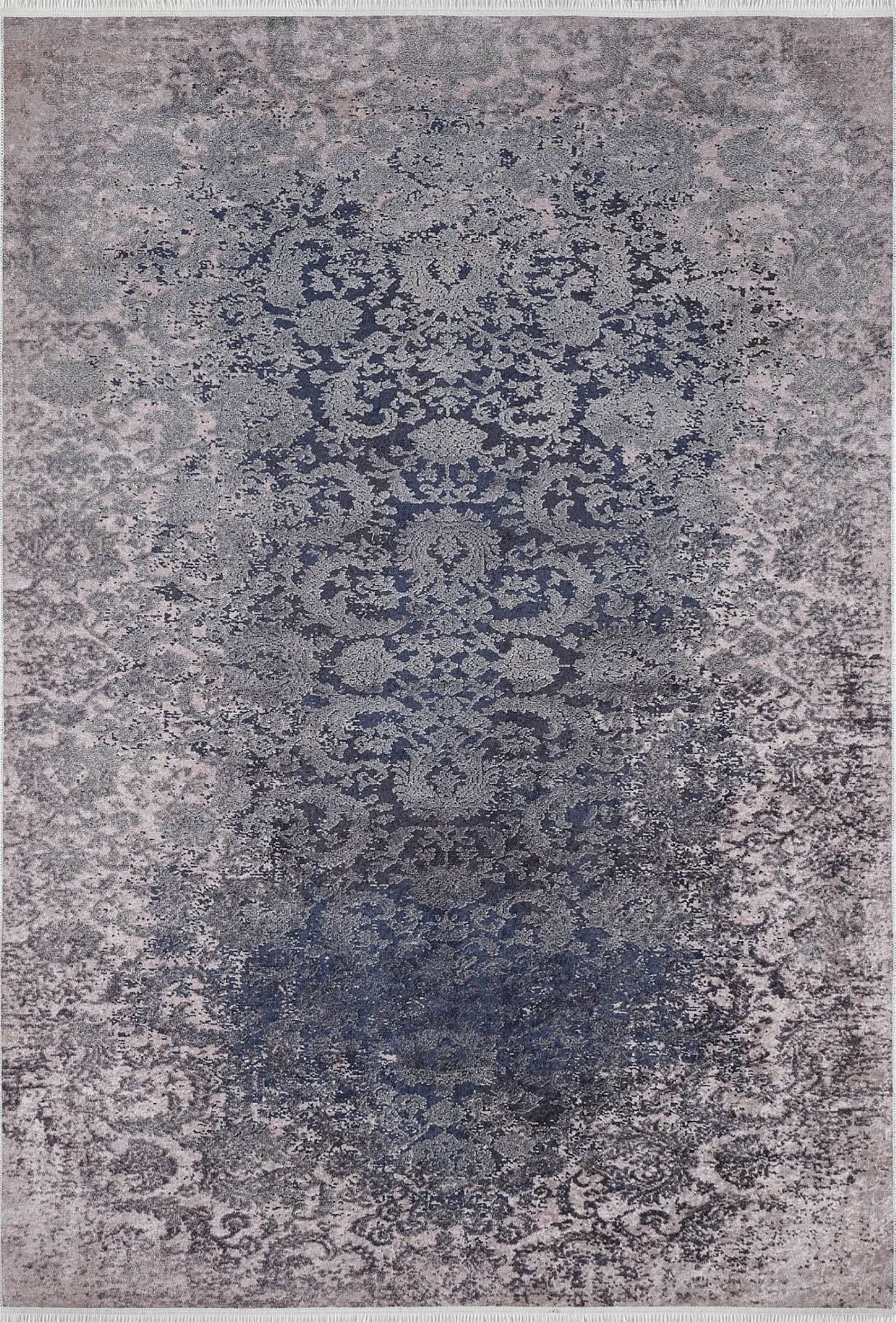 Lacivert Açık Pembe Çiçekli Vintage Geometrik Modern Halı - Pera Halı