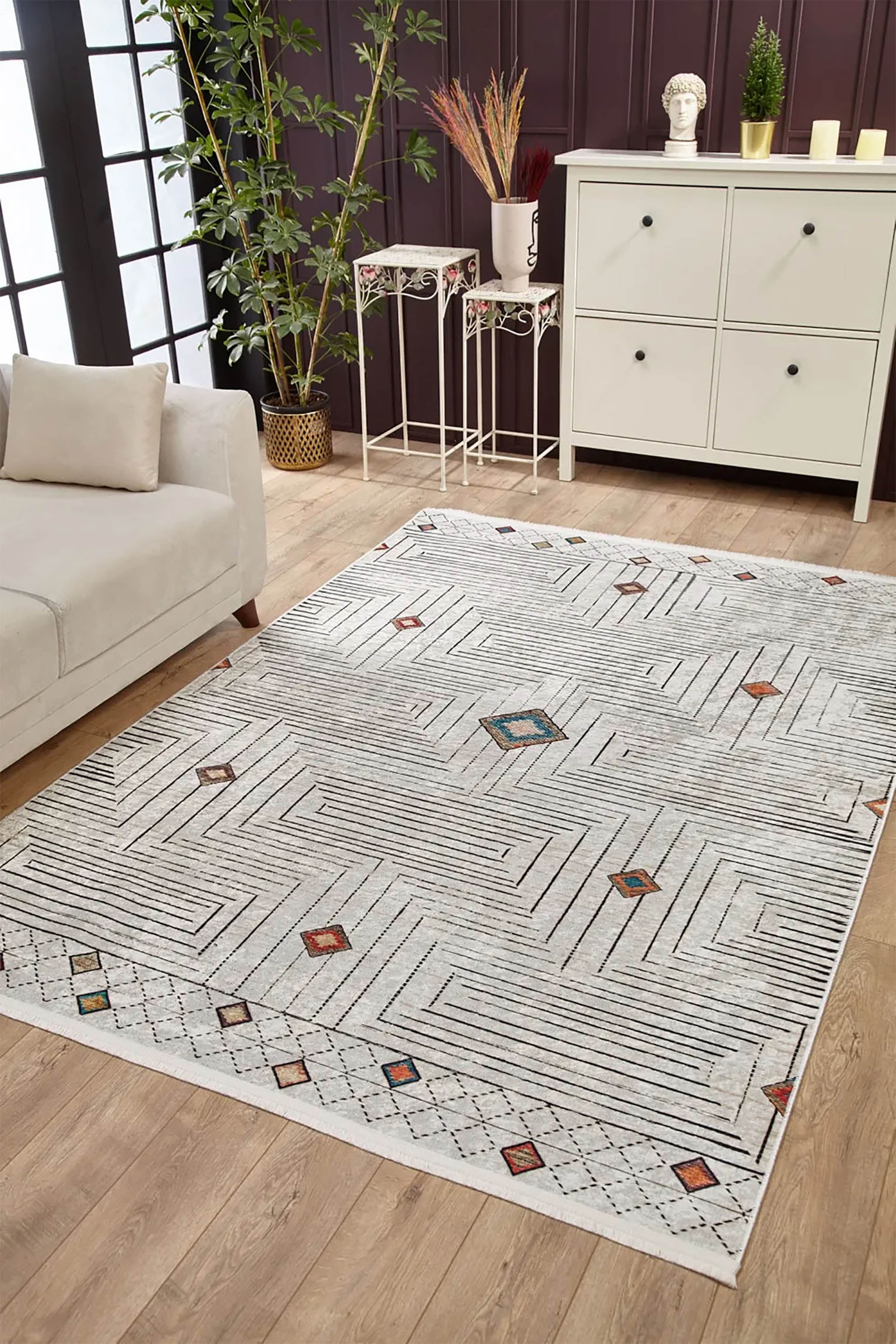 Gri Geometrik Modern Antika Vintage Lüks Halı - Pera Halı