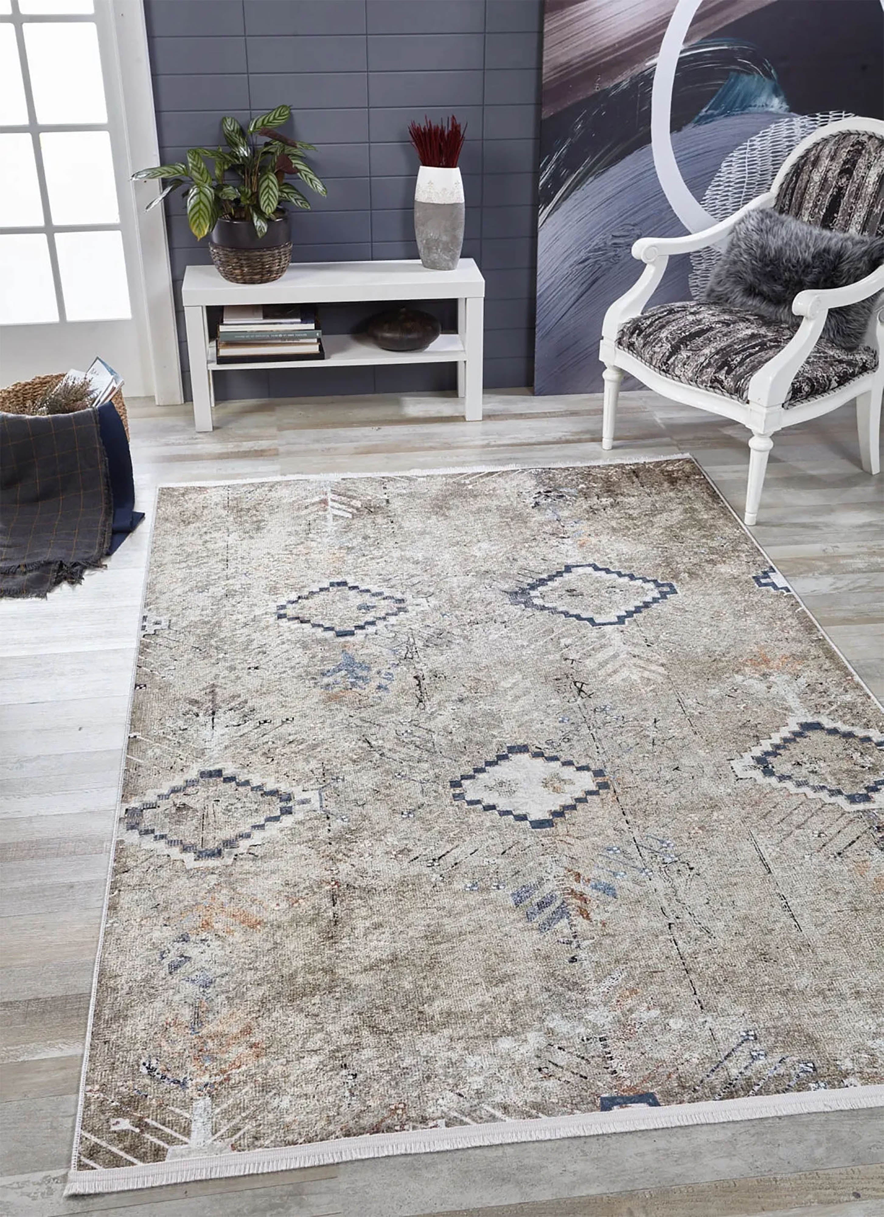 Pale Pink Cream Beige Geometric Patterned Kilim Rug