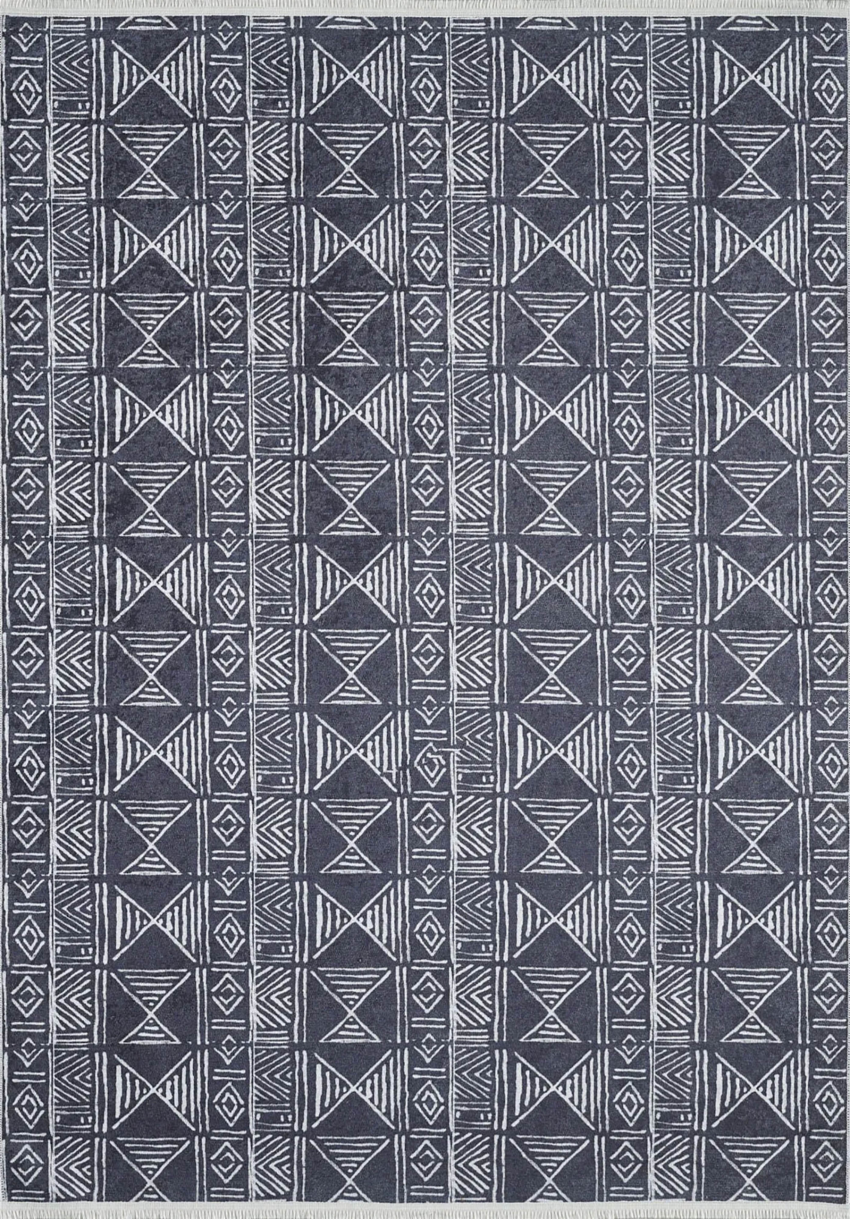 Antrasit Kabile Desenli Modern Bohem Etnik Halı