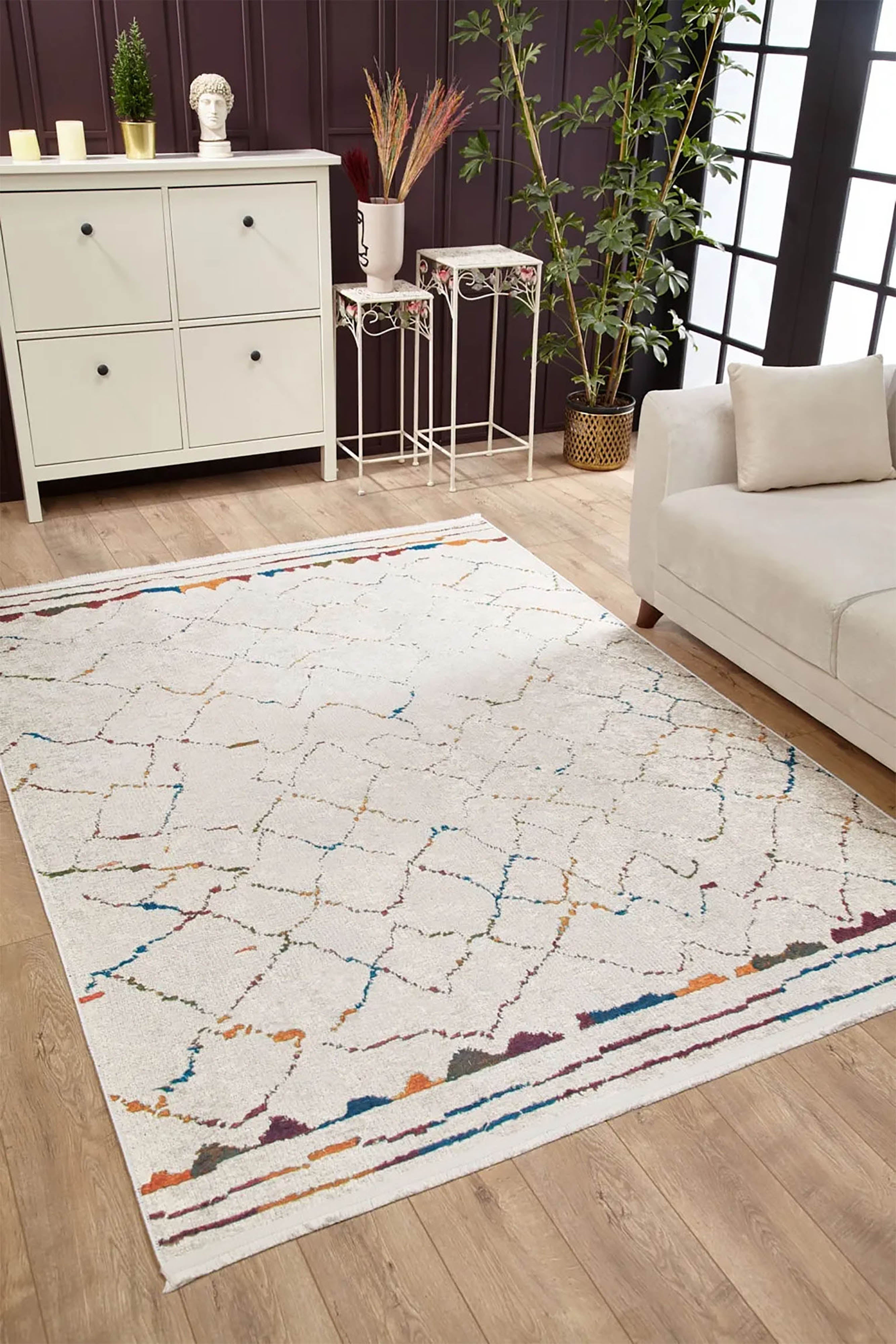 Krem Zeminli Çok Renkli Fas Izgara Desenli Modern Bohem Halı