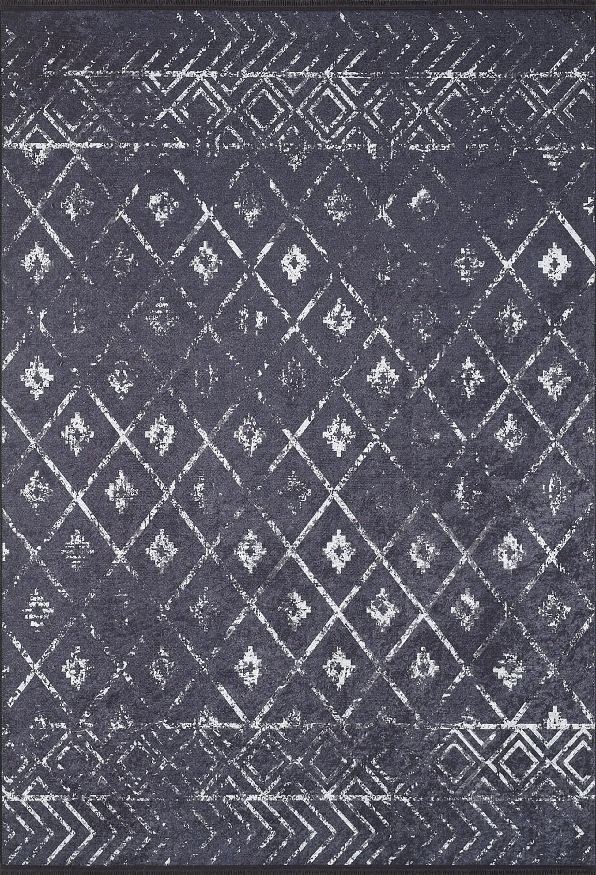 Siyah Gri Geometrik Antika Benzersiz Vintage Halı - Pera Halı