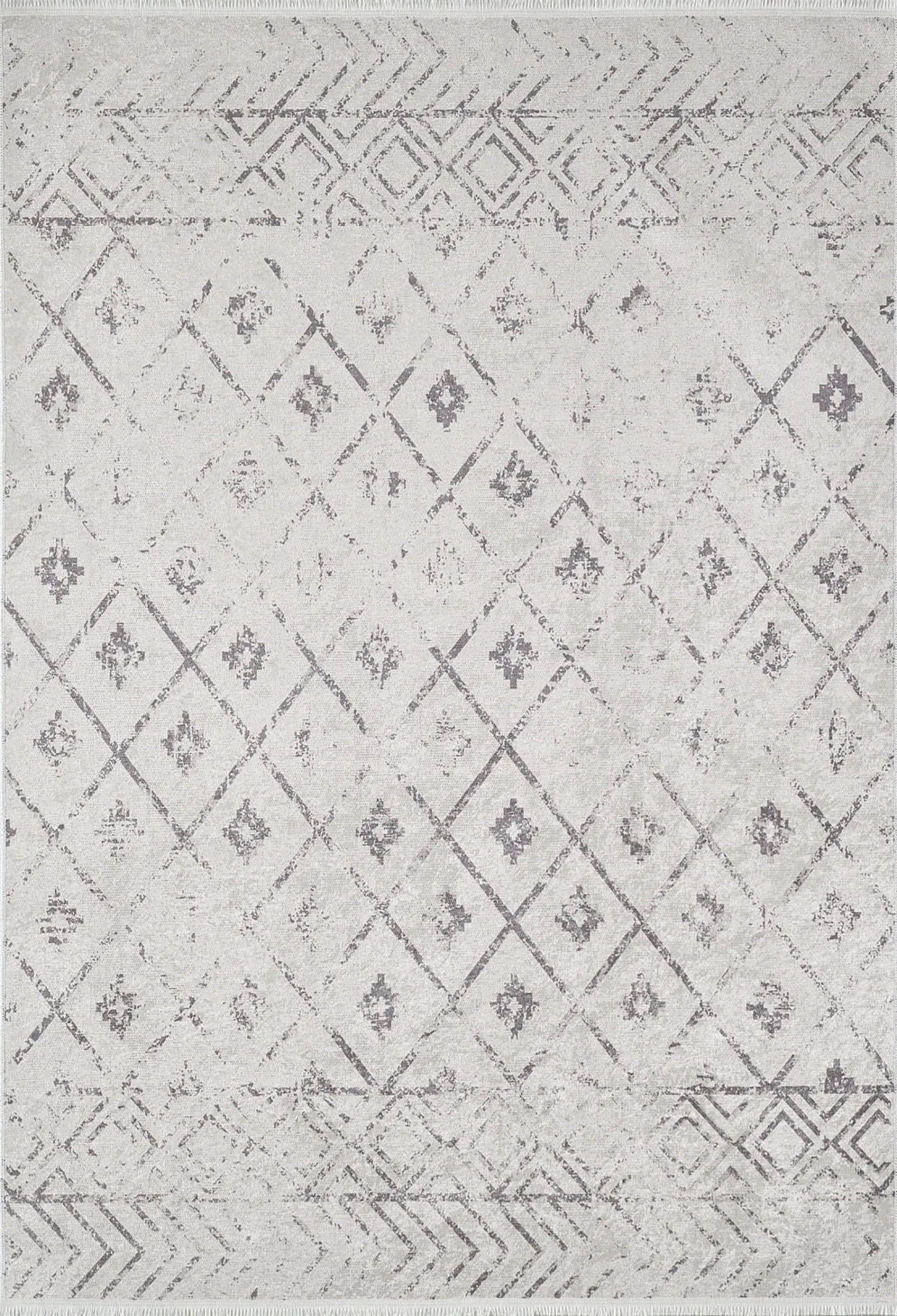 Beyaz Gri Geometrik Antika Benzersiz Vintage Halı - Pera Halı