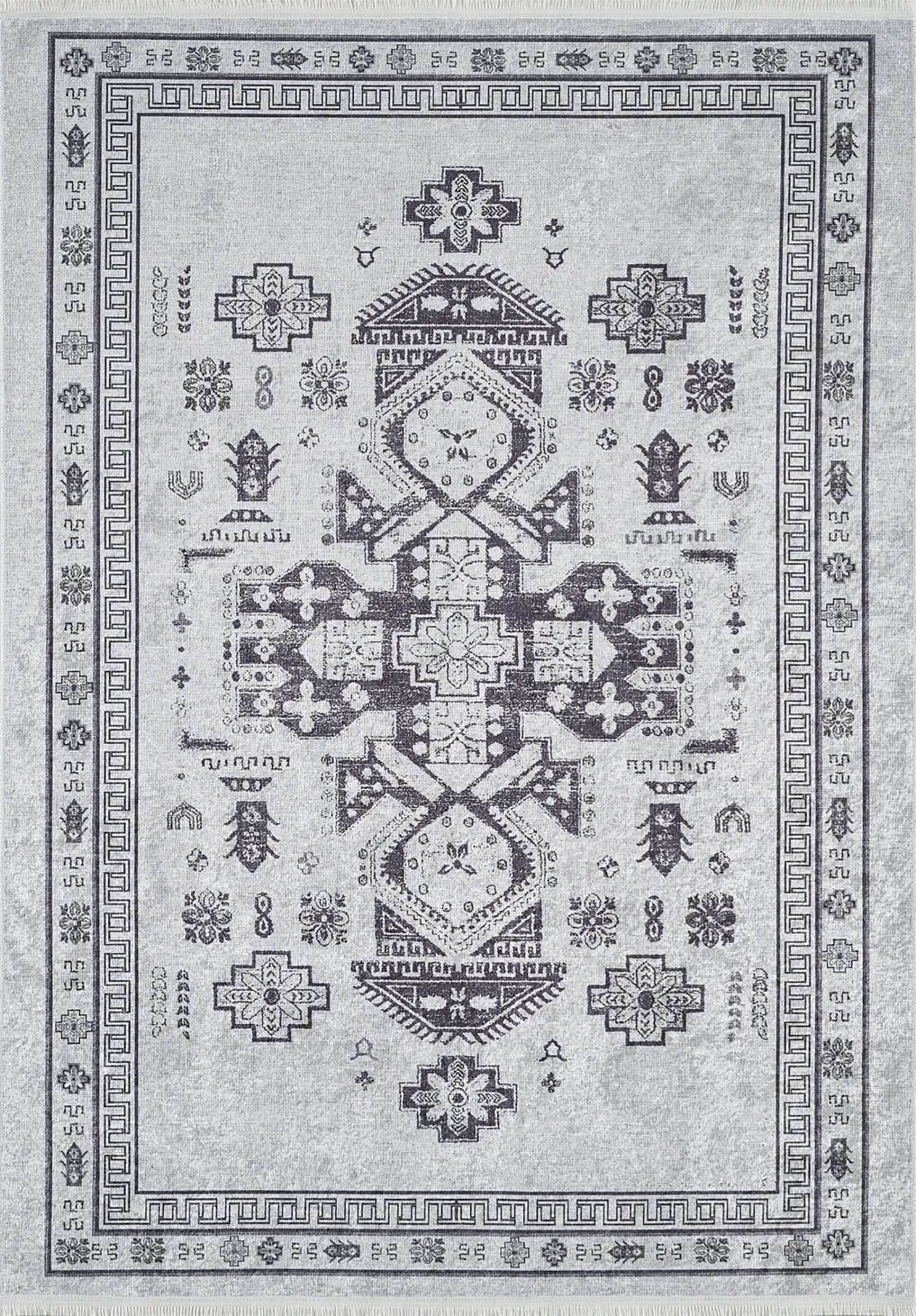 Açık Gri Geometrik Oryantal Madalyon Halı - Pera Halı