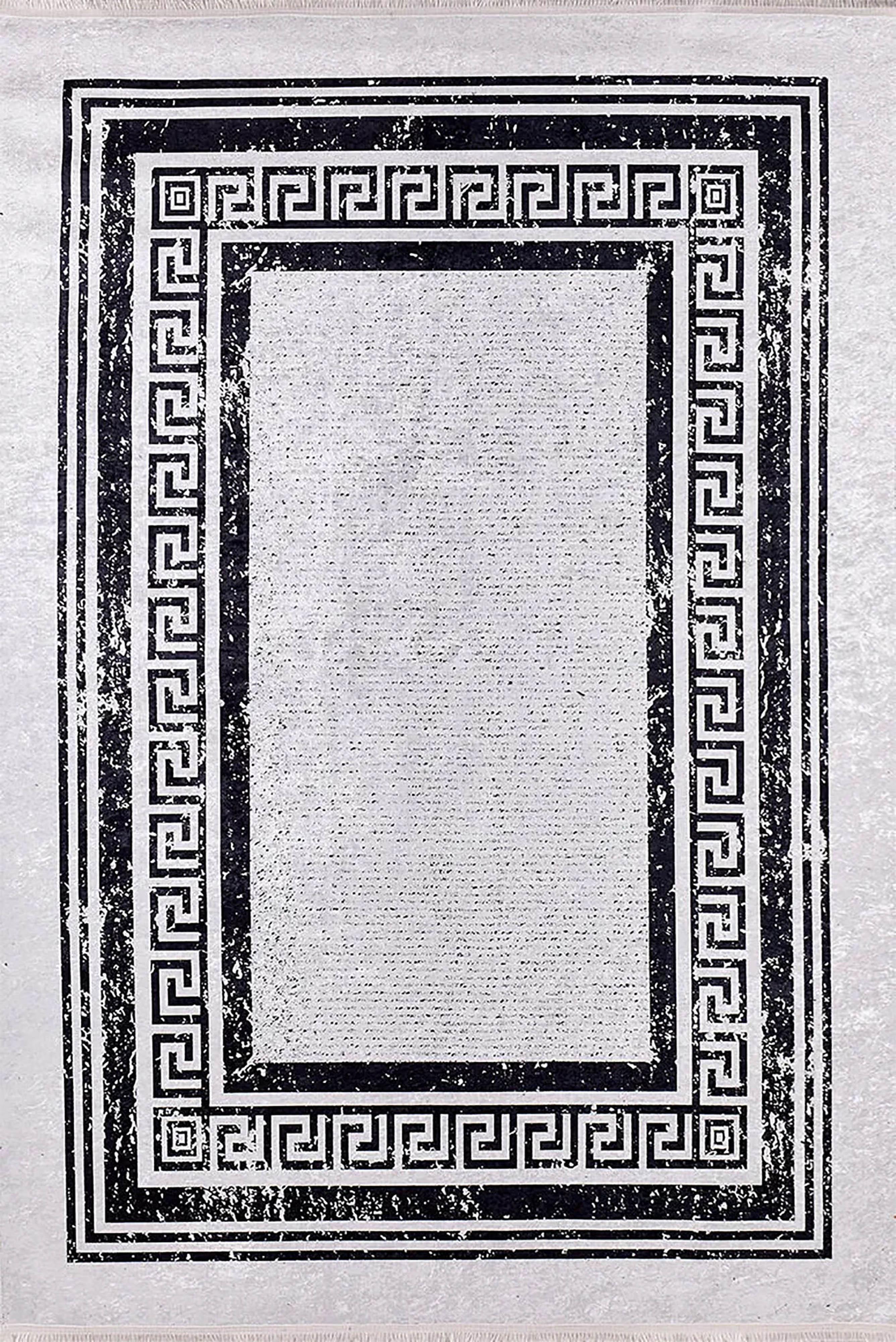 Açık Gri Beyaz Üzerine Siyah Yunan Anahtar Bordürlü Halı